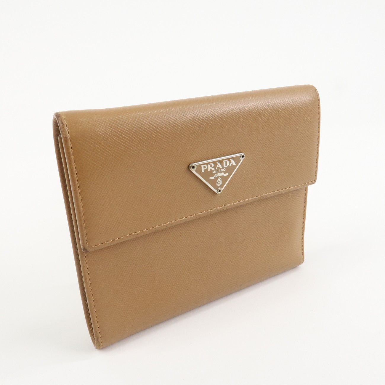 PRADA Triangle Logo Saffiano Leather Trifold Wallet Brown Used