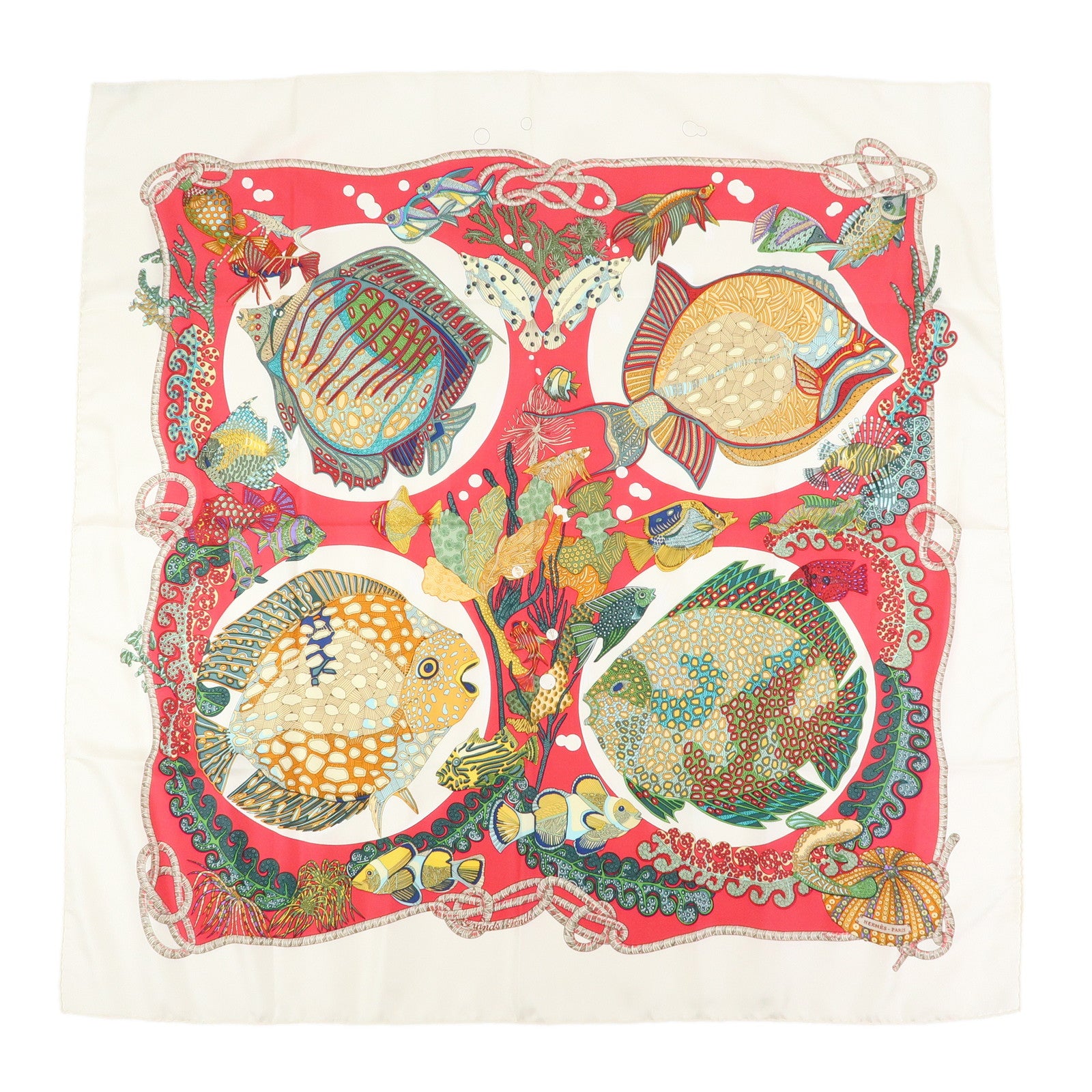 HERMES Carre 90 Silk 100% GRANDS FONDS Red White Multi Color