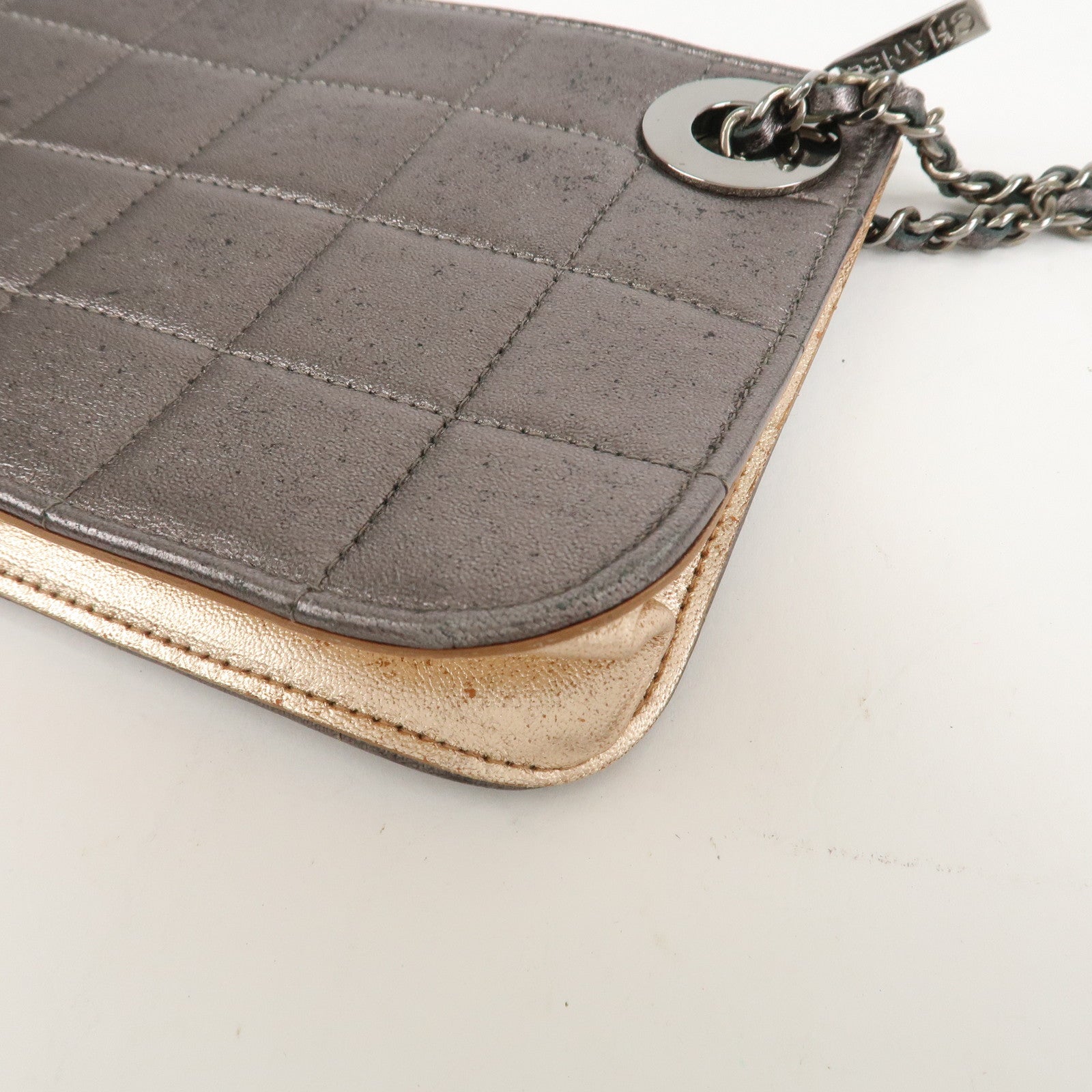 CHANEL Chocolate Bar Leather Clutch Bag Hand Bag Silver