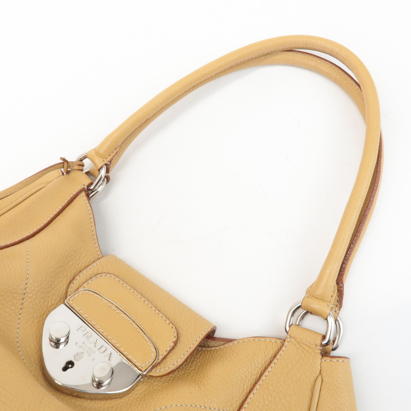 PRADA Leather Shoulder Bag Hand Bag Beige Silver HDW Used