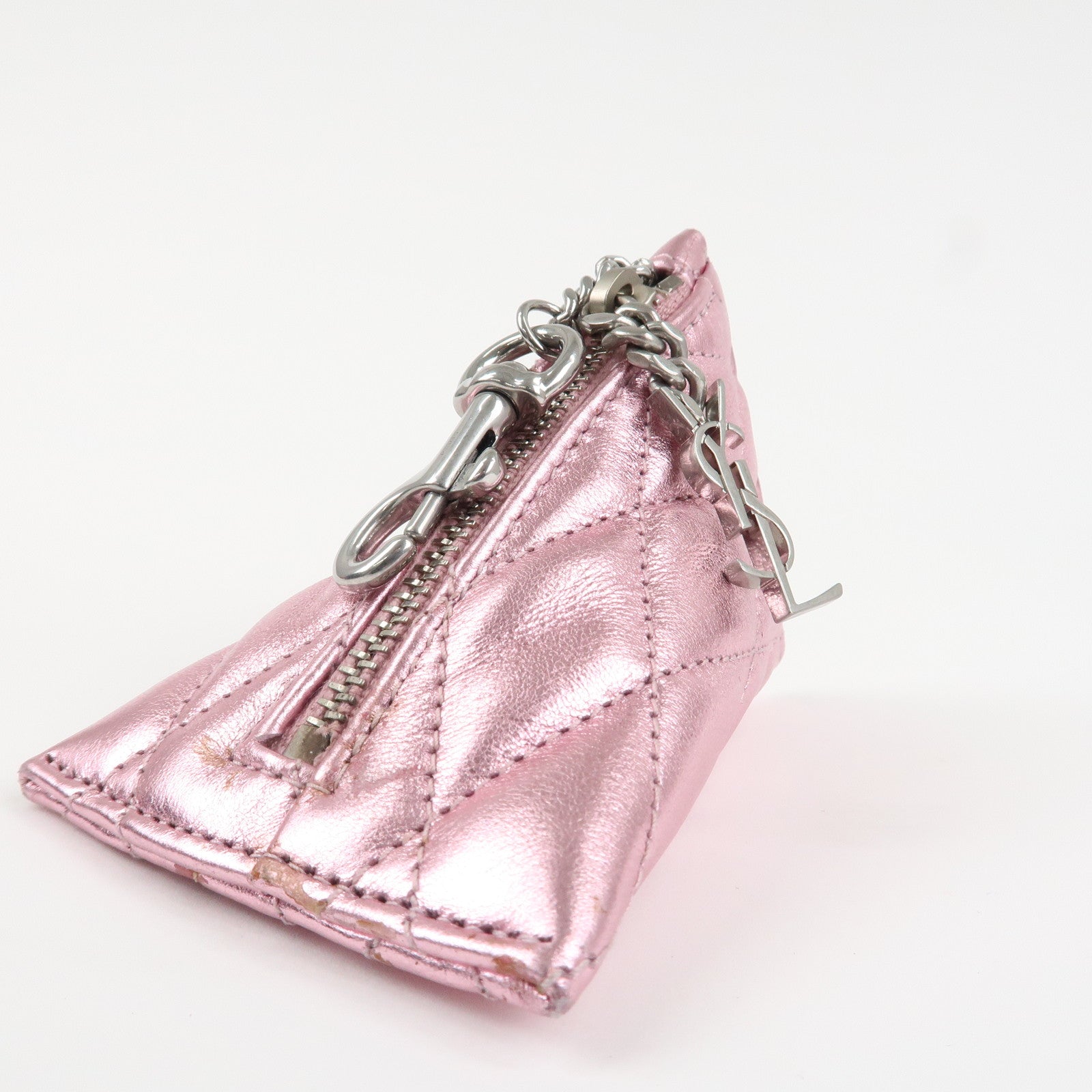 SAINT LAURENT PARIS Leather Coin Case Key Case Metallic Pink Used
