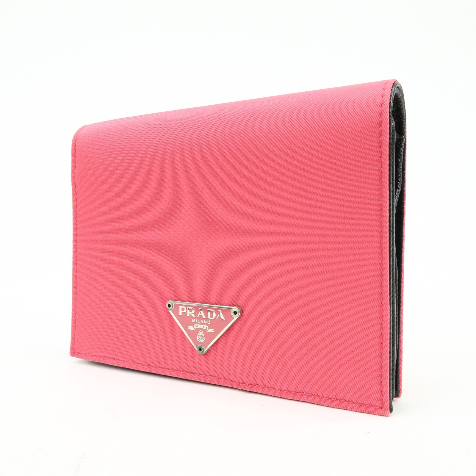 PRADA Triangle Logo Nylon Saffiano Leather Compact Wallet Pink M668