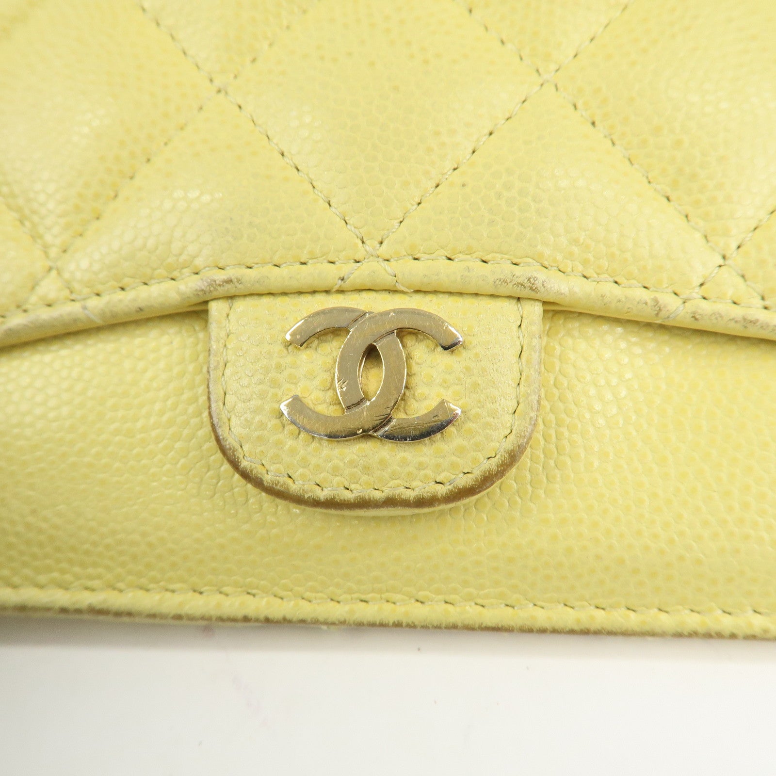 CHANEL Matelasse Caviar Skin Coco Mark Zippy Coin Case Yellow Gold HDW Used