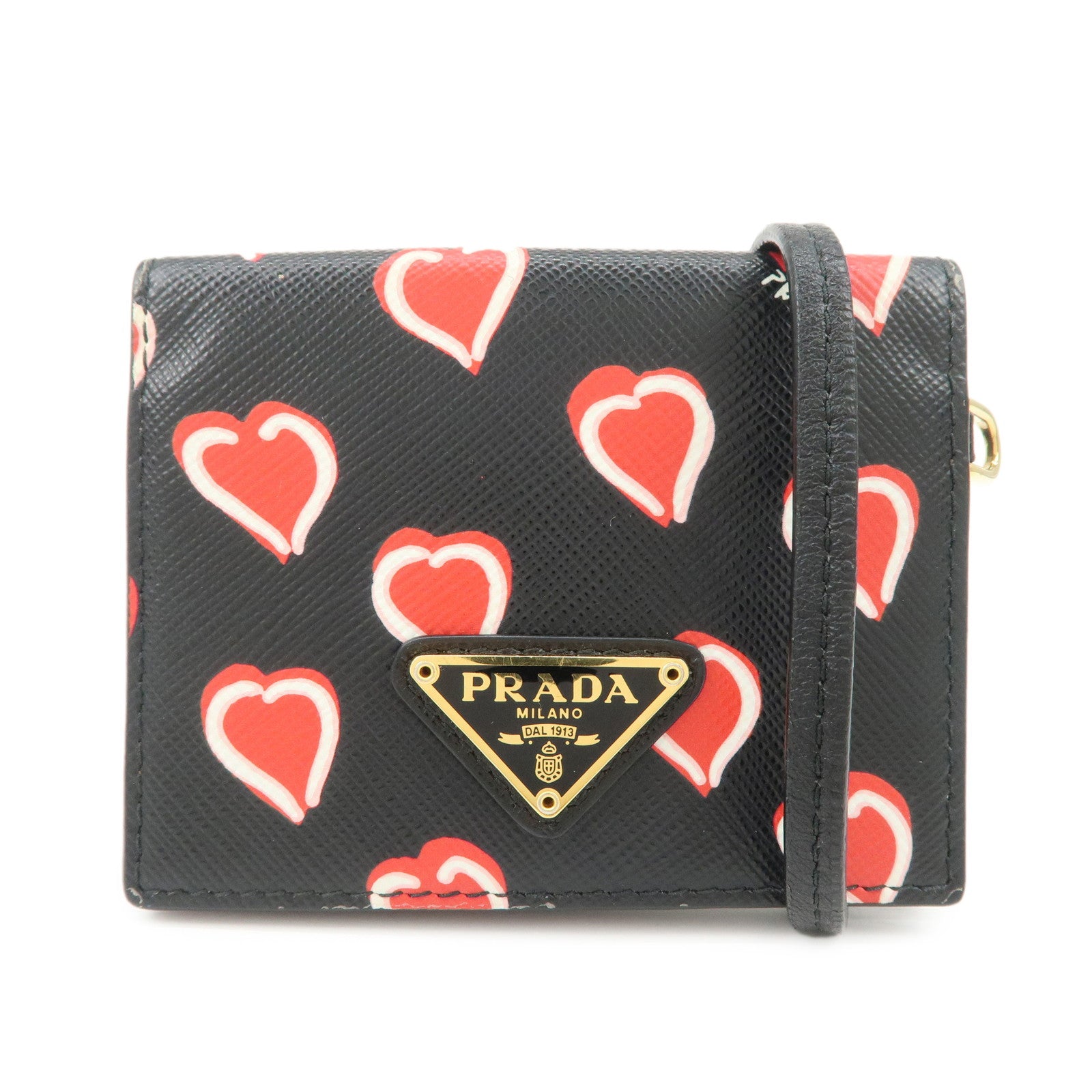 PRADA Saffiano Leather Heart Card Case Pass Case Black Red 1MC006