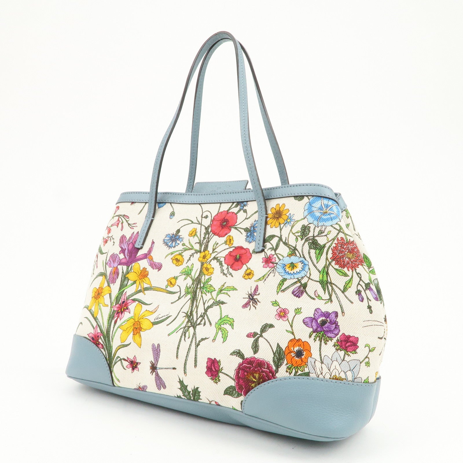 GUCCI Flora Canvas Leather Tote Bag Hand Bag Natural Blue 358470