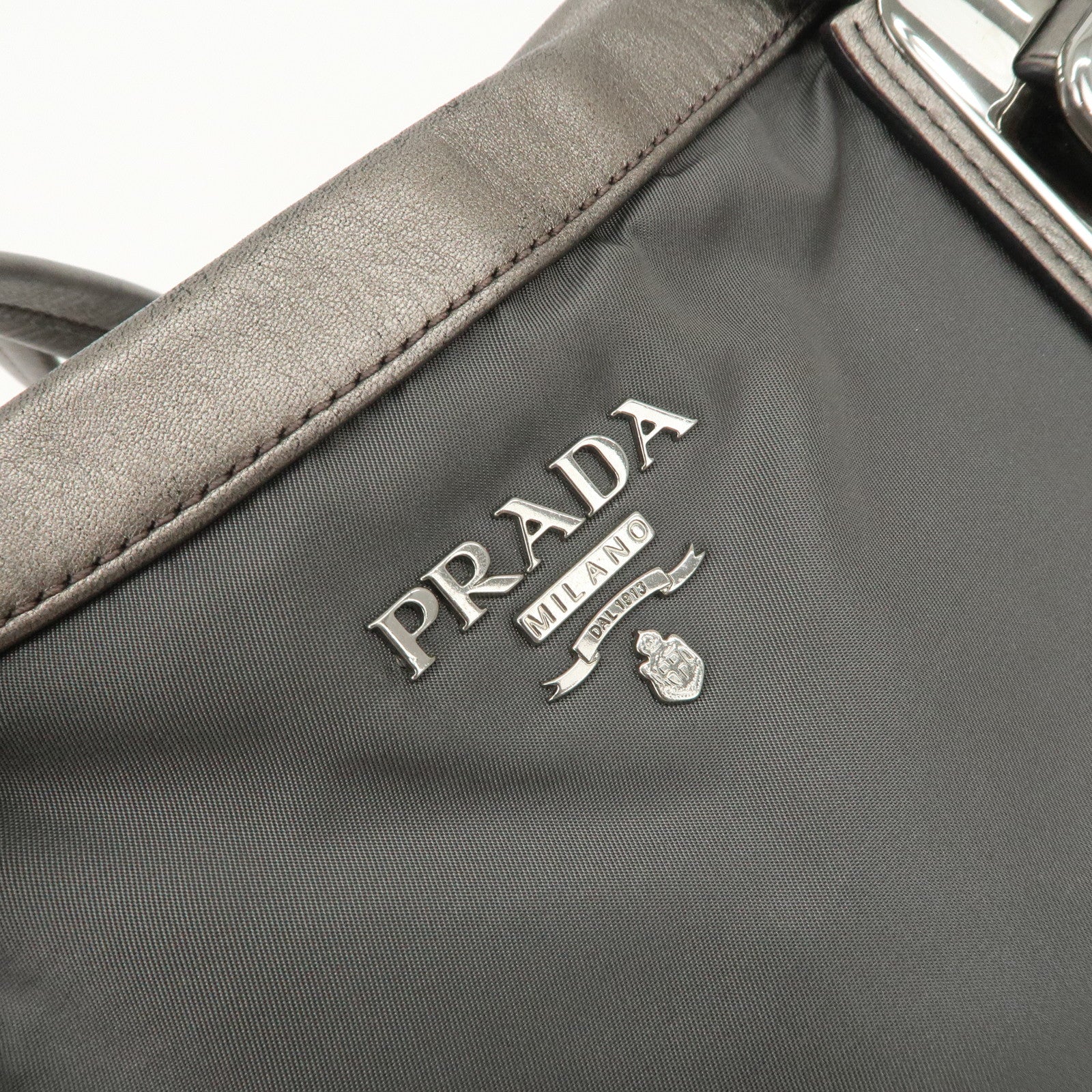 PRADA Logo Nylon Leather Tote Bag Shoulder Bag Gray BR4007