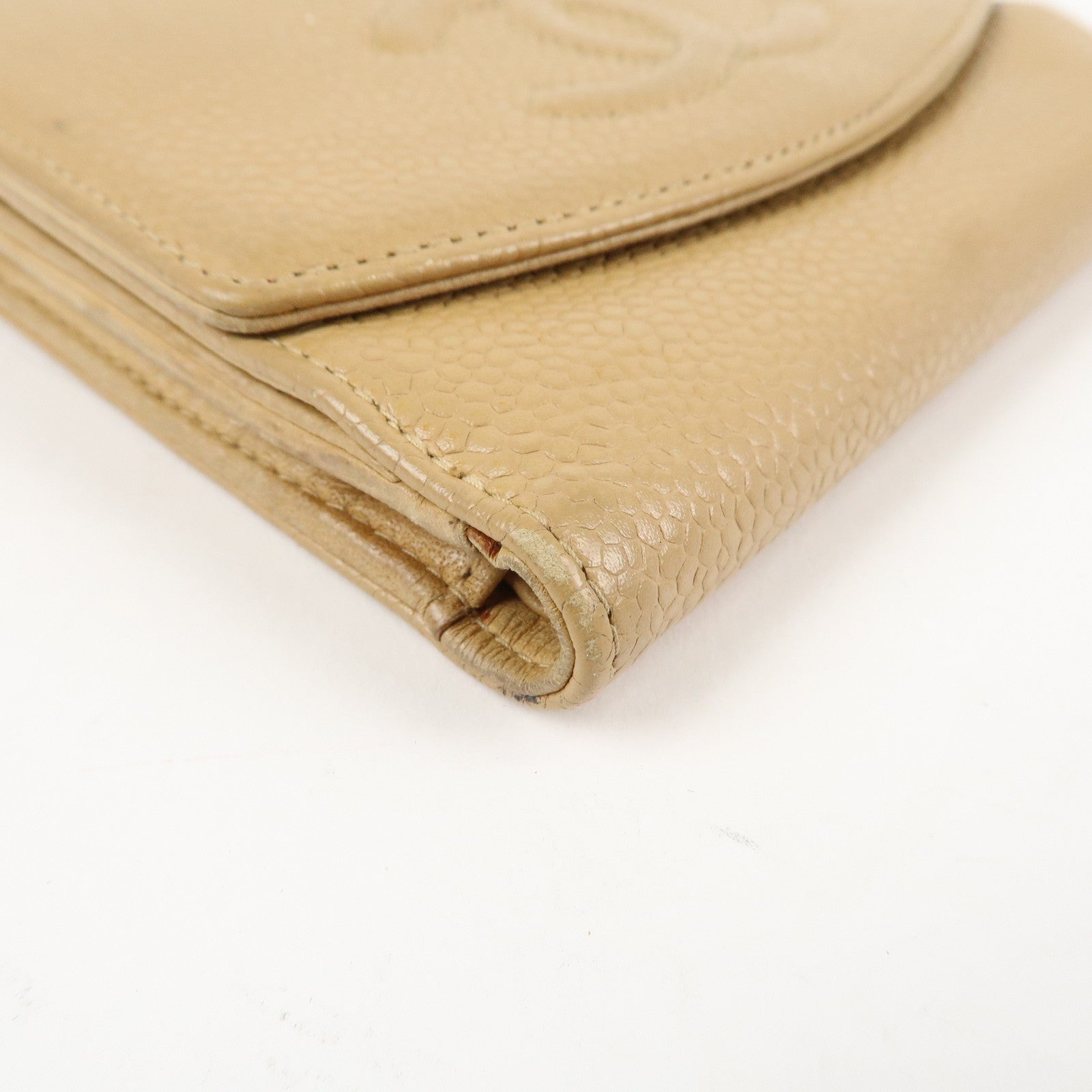 CHANEL COCO Mark Caviarskin W Hook Bi-fold Wallet Beige Used