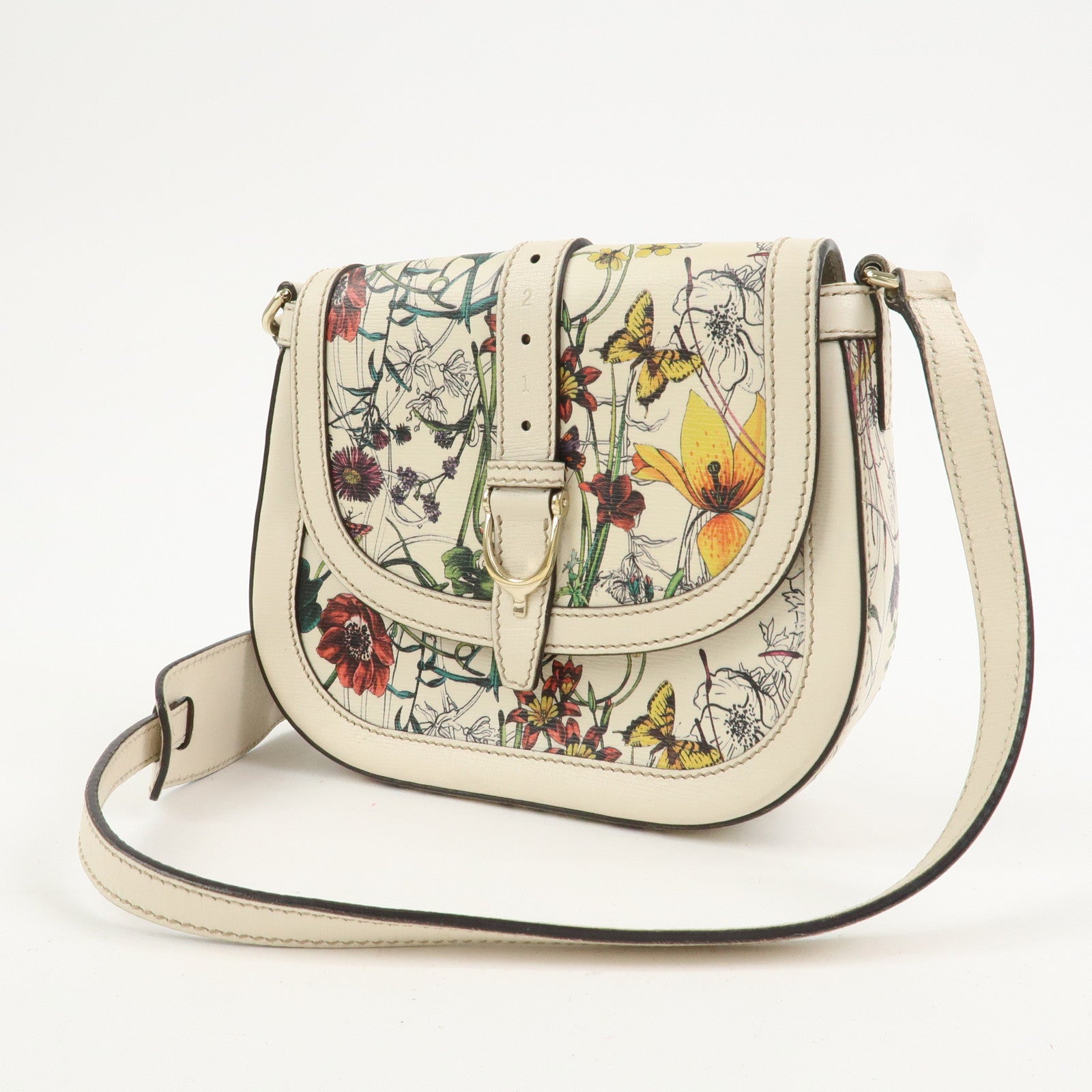 GUCCI Flora Leather Shoulder Bag Crossbody Bag Ivory 336749