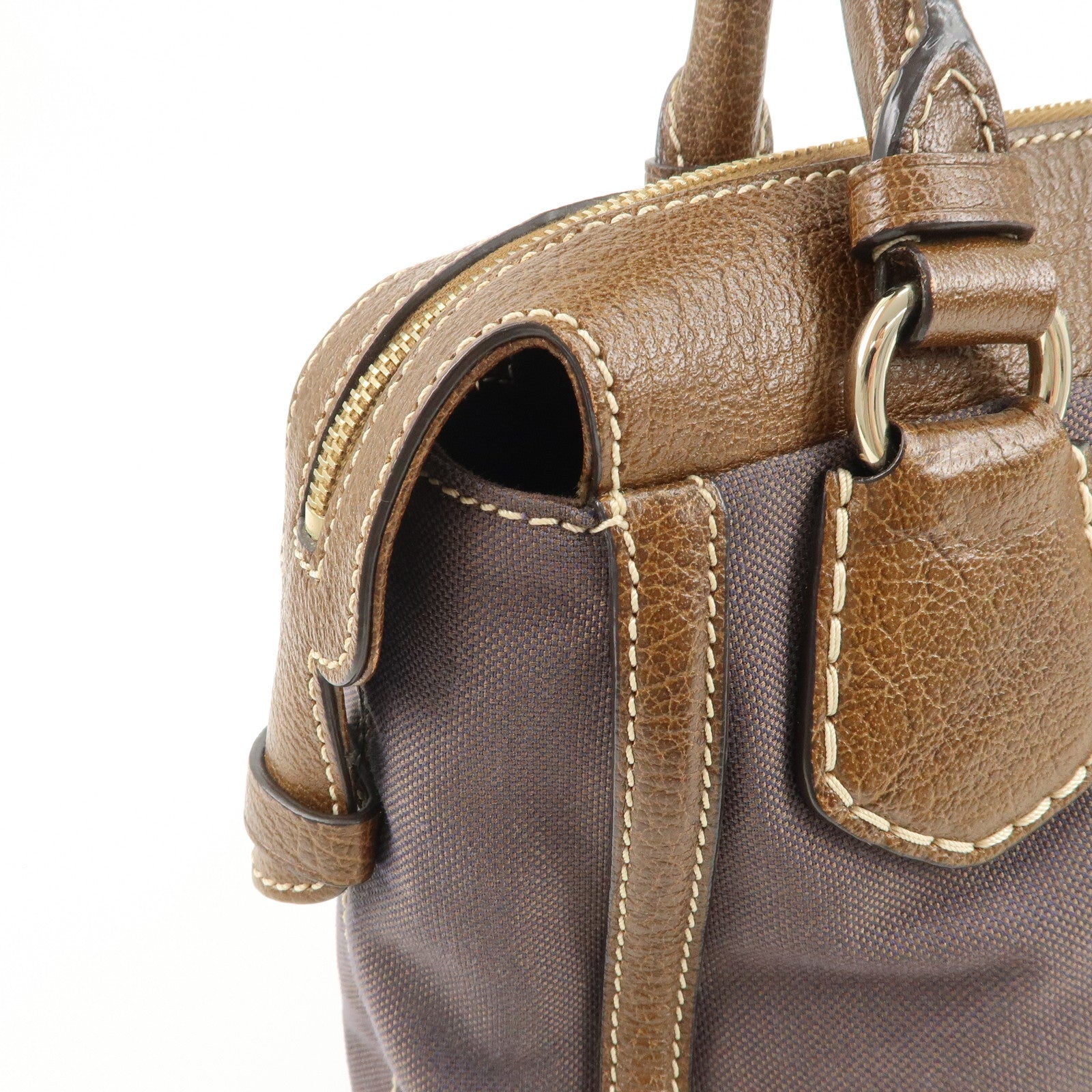 CELINE Leather Canvas Hand Bag Sulky Print Brown Used