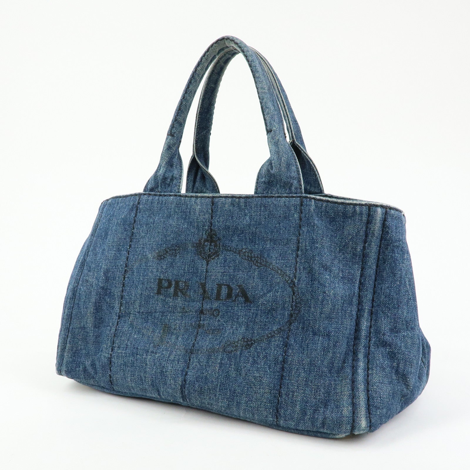 PRADA Logo Canapa Canvas Denim Tote Bag Hand Bag Blue B1877B