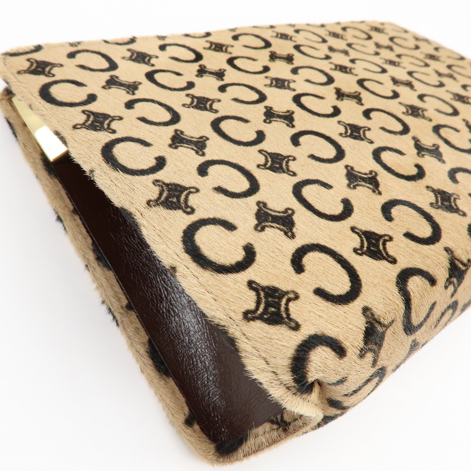 CELINE C Macadam Pony Hair Leather Clutch Bag Pouch Beige Brown