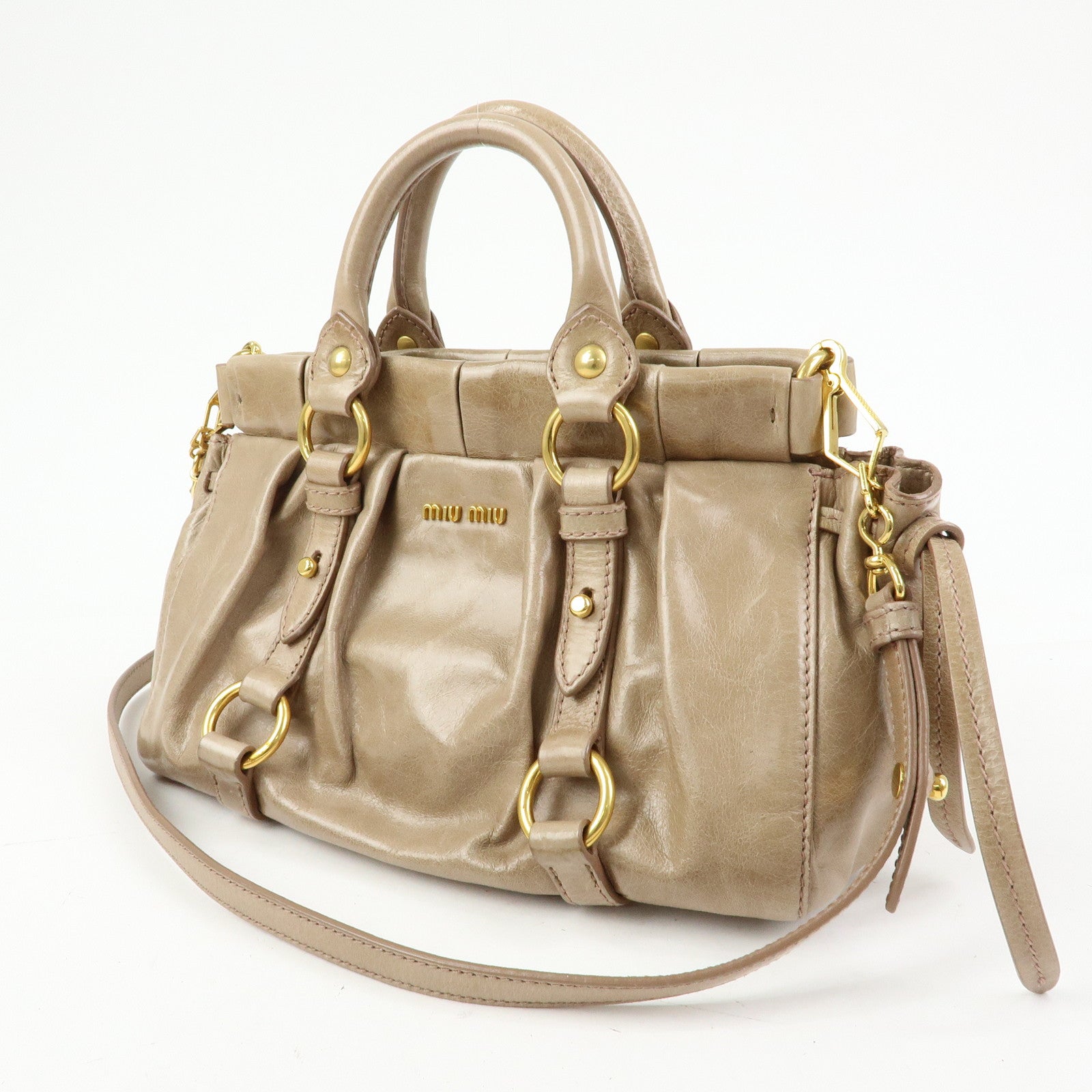 MIU MIU Logo Leather 2Way Bag Hand Bag Shoulder Bag Beige RN0647