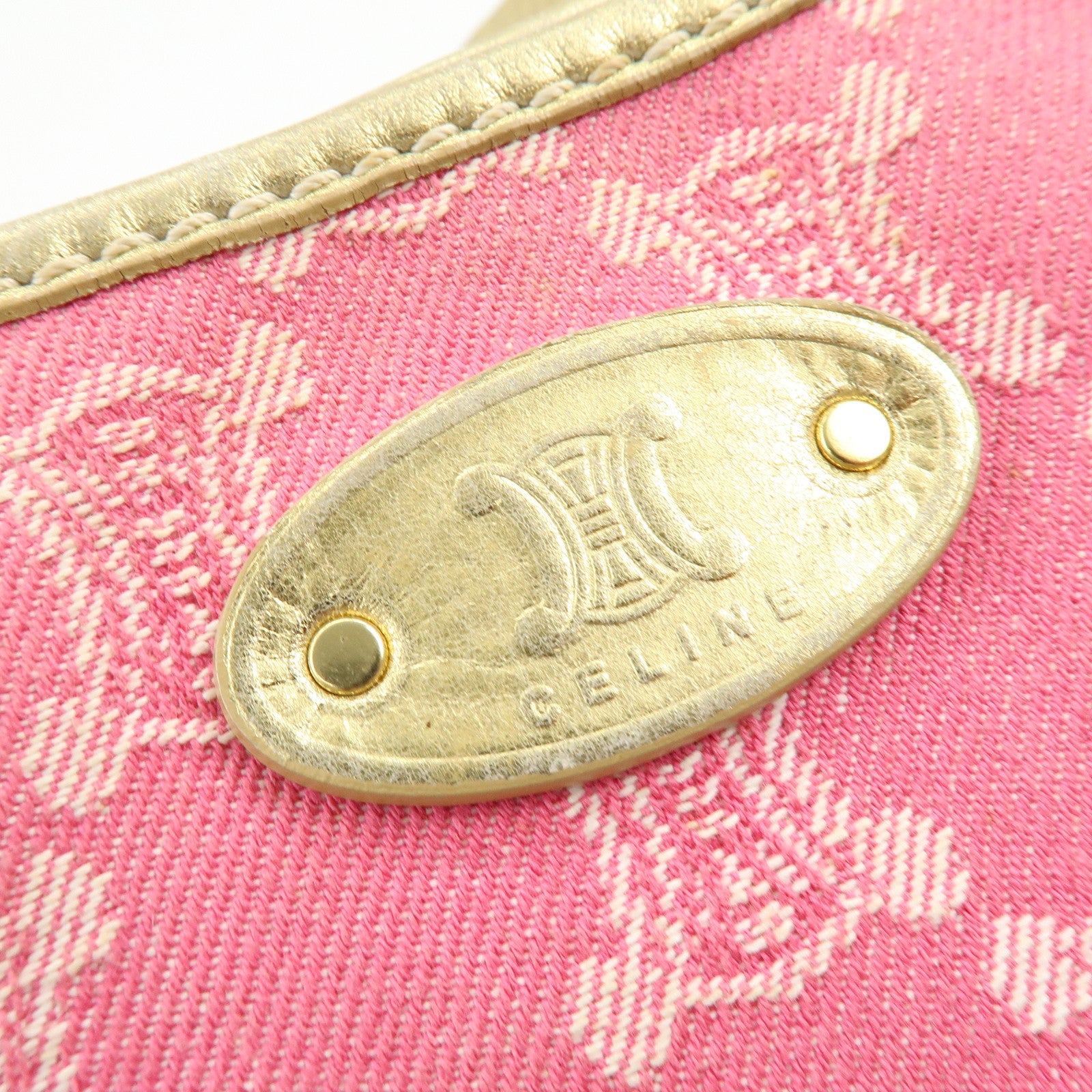 CELINE Macadam Logo Canvas Leather Tote Bag Shoulder Bag Pink Gold