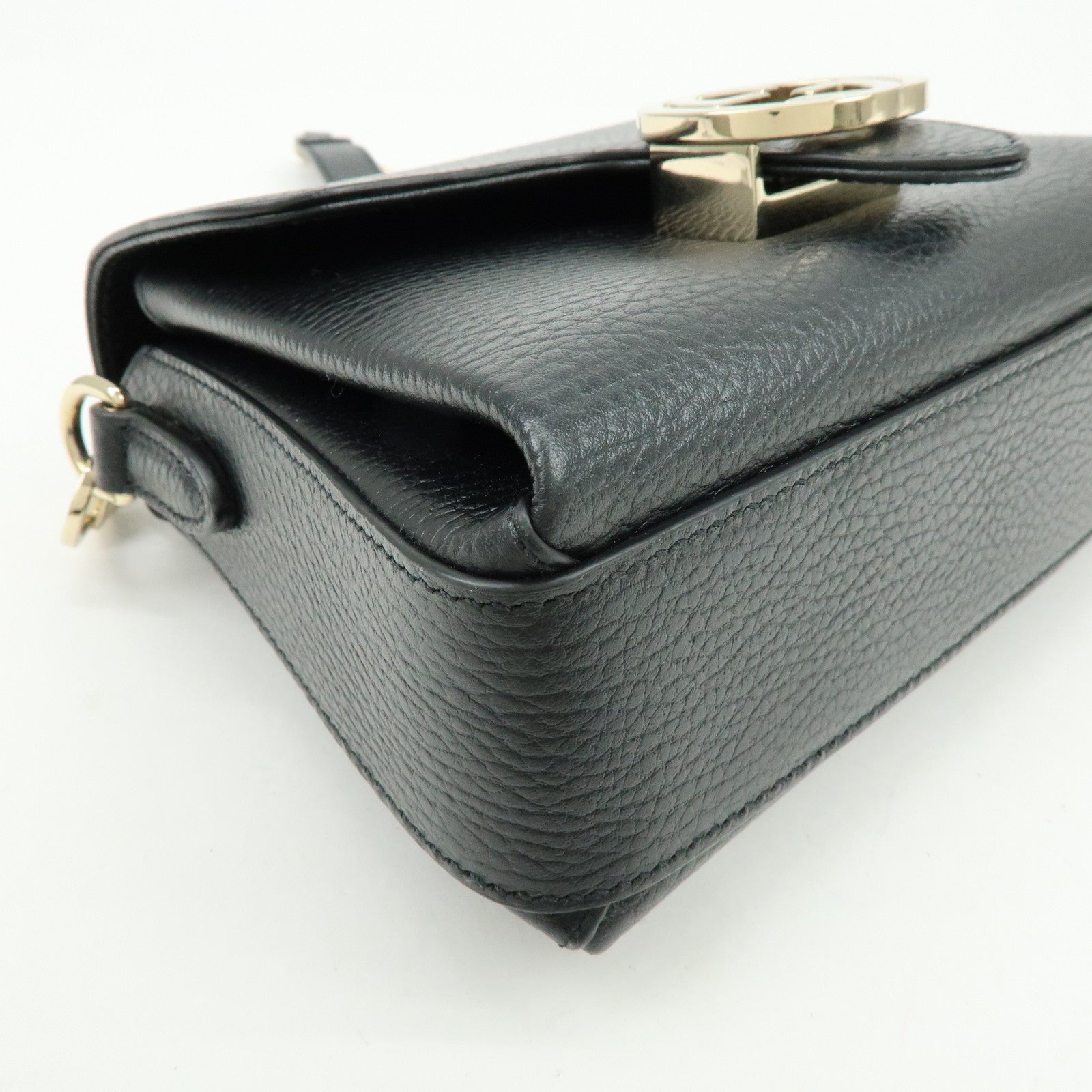 GUCCI Logo Interlocking G Leather Chain Shoulder Bag Black 607720