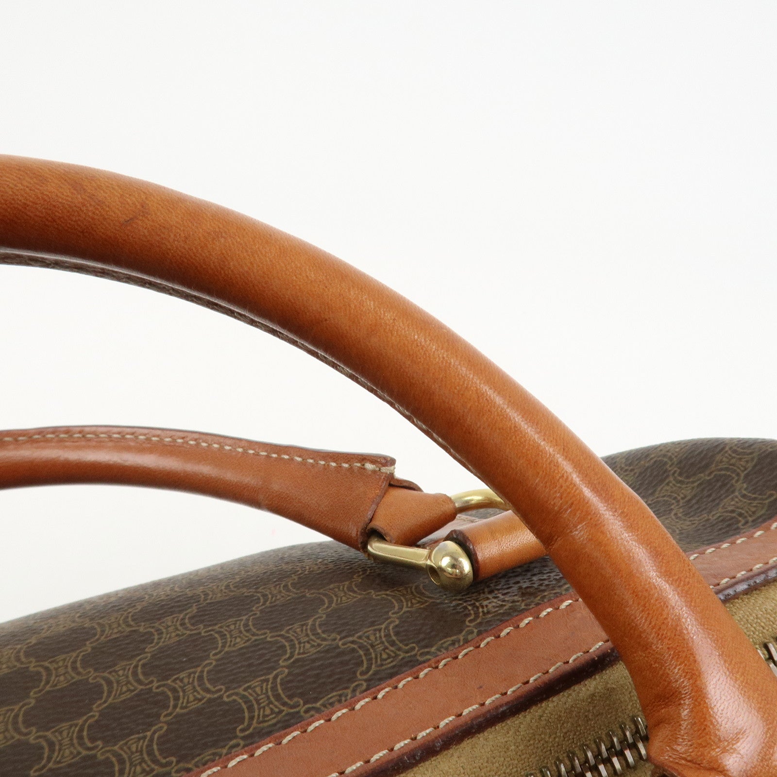 CELINE Macadam PVC Coating Canvas Leather Boston Bag Brown