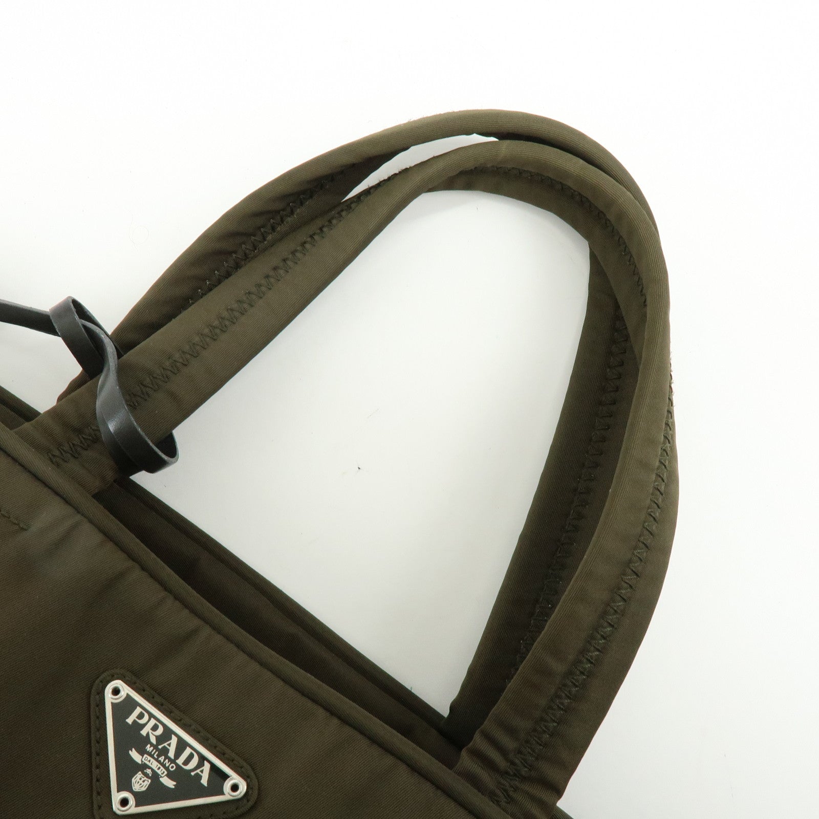PRADA Triangle Logo Nylon Leather Tote Bag Hand Bag Khaki
