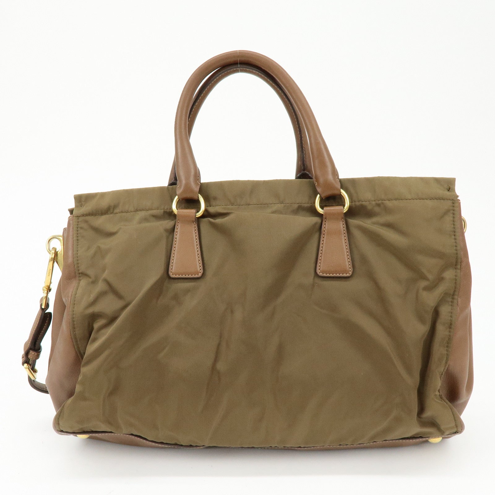 PRADA Triangle Logo Nylon Saffiano Leather 2Way Bag Khaki Brown