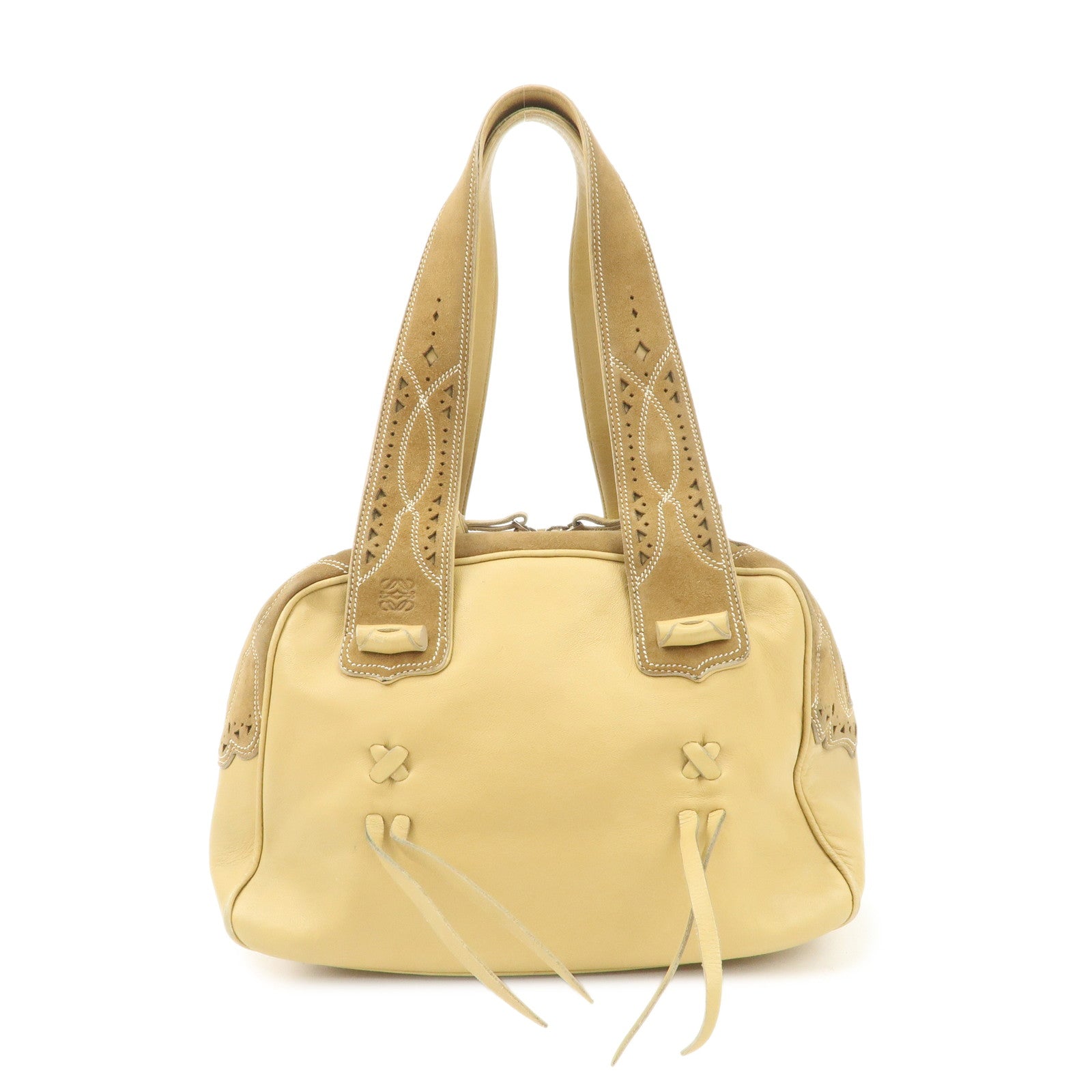 LOEWE Anagram Leather Suede Punching Boston Bag Beige Used