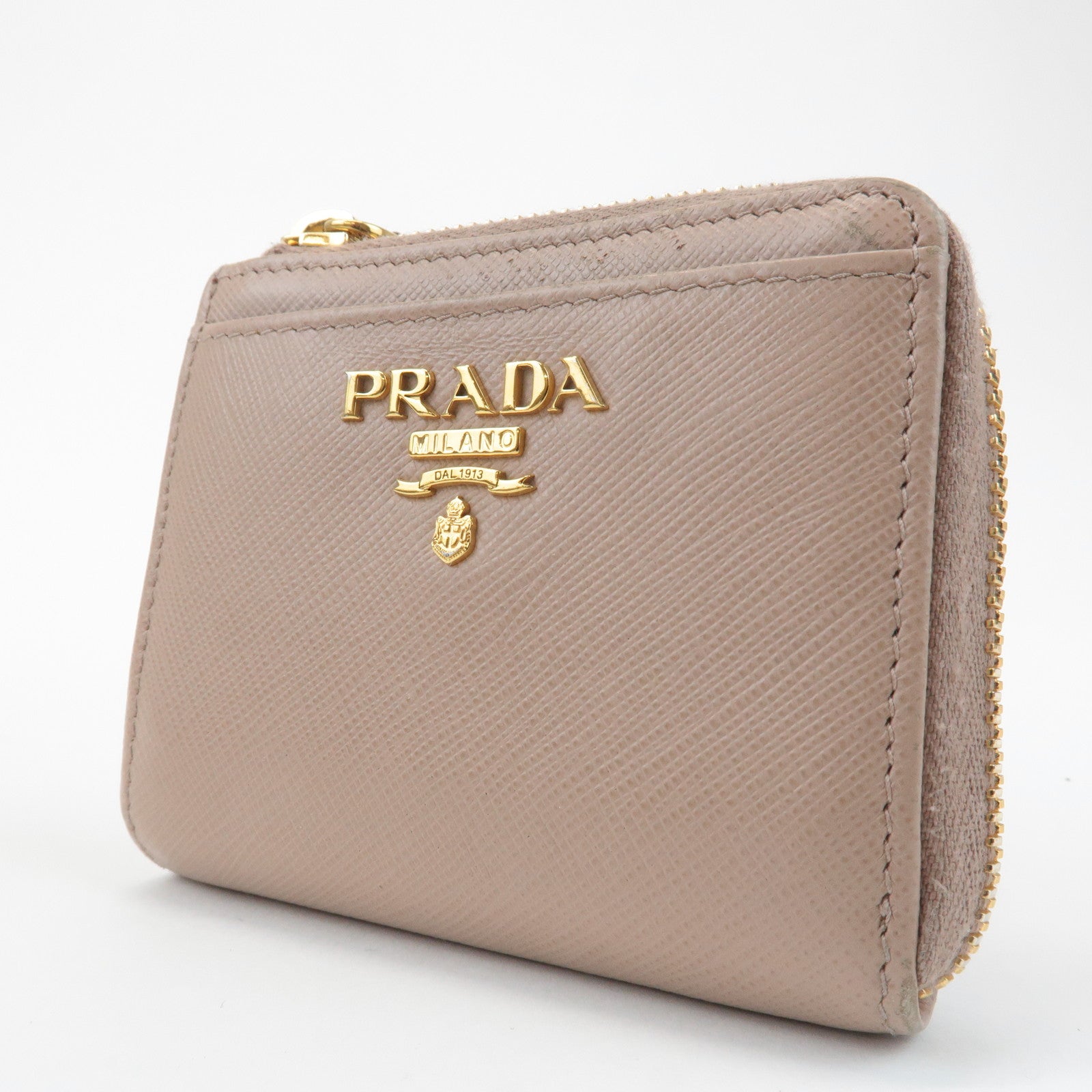 PRADA Logo Saffiano Leather Zippy Coin Case Pink Beige 1ML025 Used