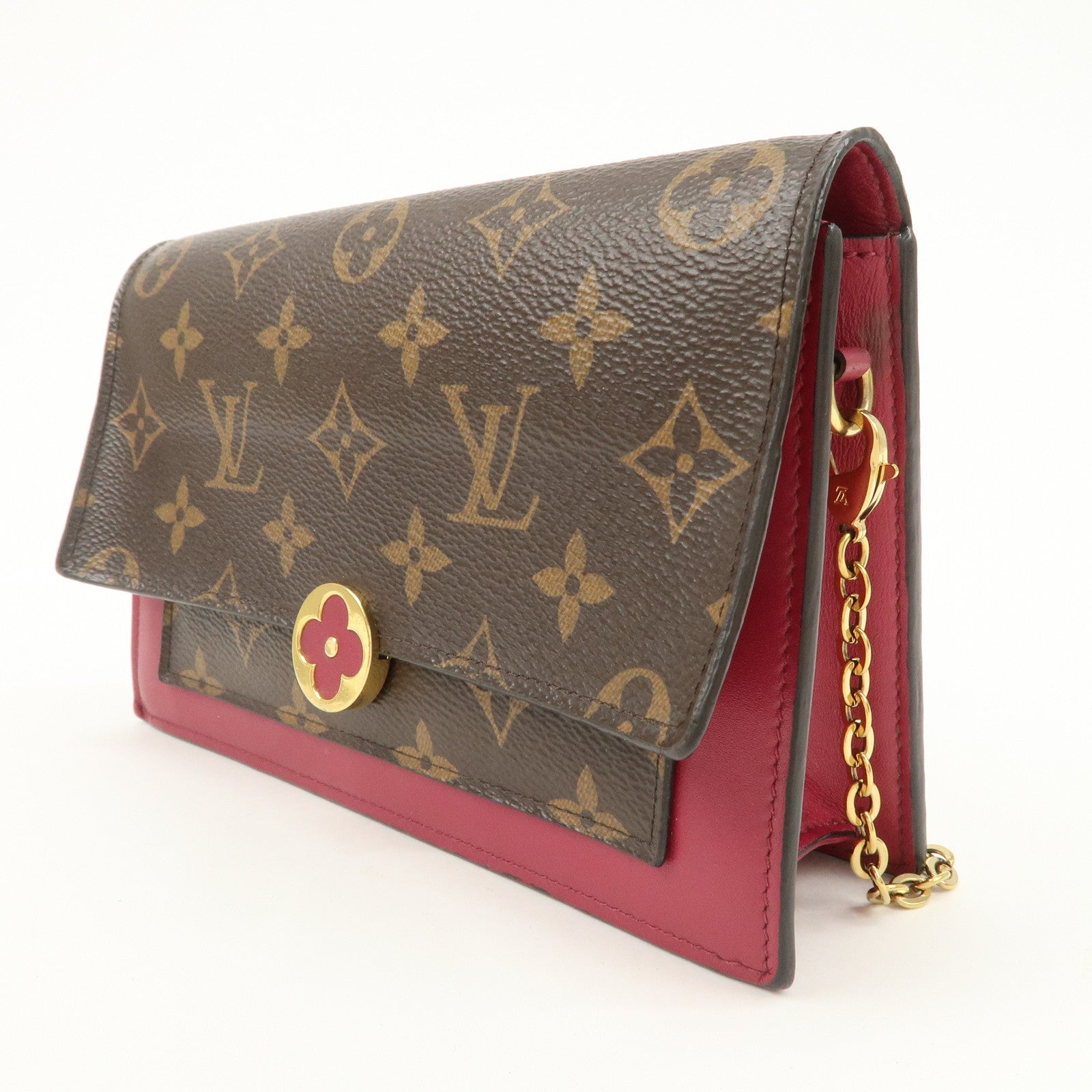 Louis Vuitton Monogram Leather Portefeuille Flore Chain Wallet Brown Pink M69578 Used