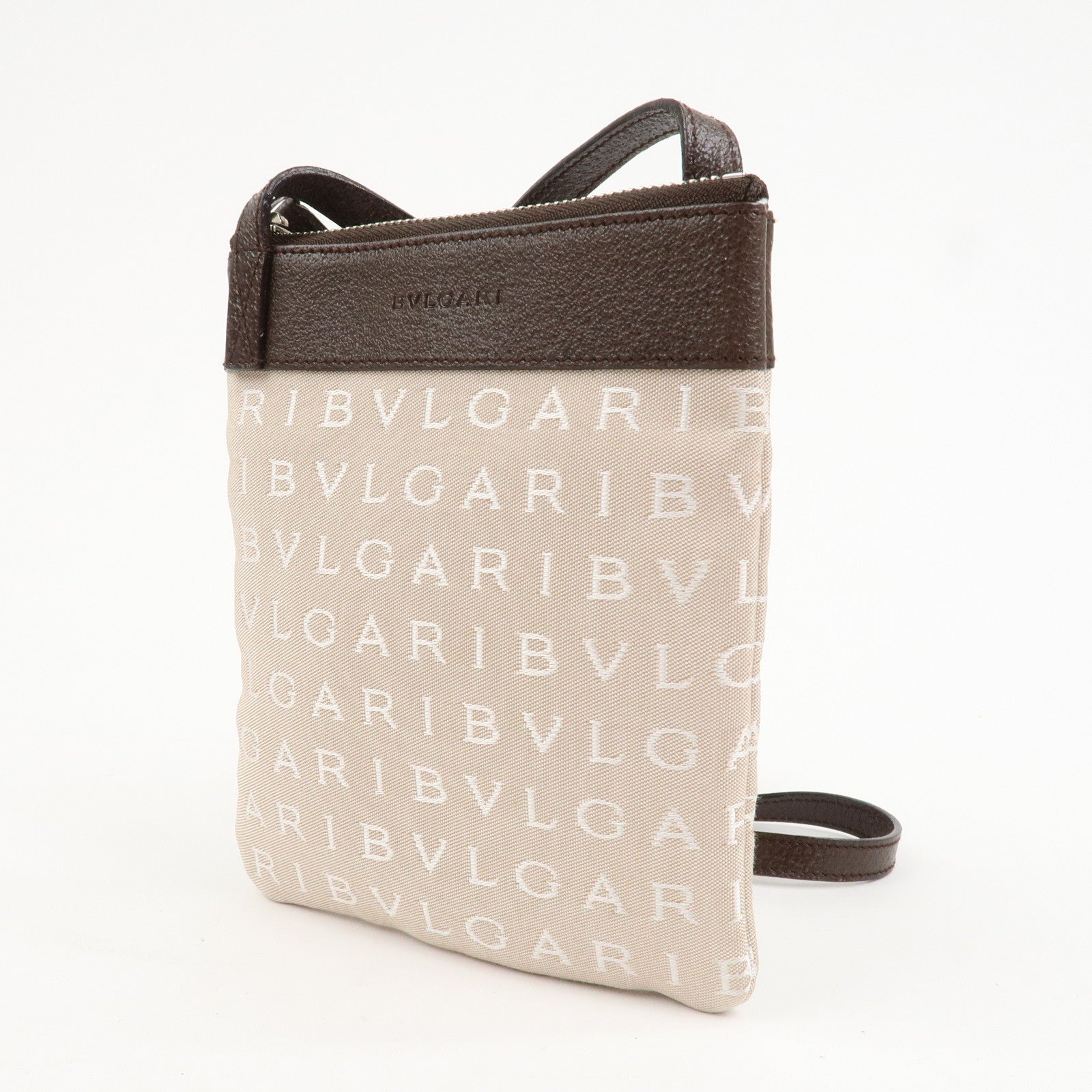 BVLGARI Logo Mania Canvas Leather Shoulder Bag Beige Brown 22588