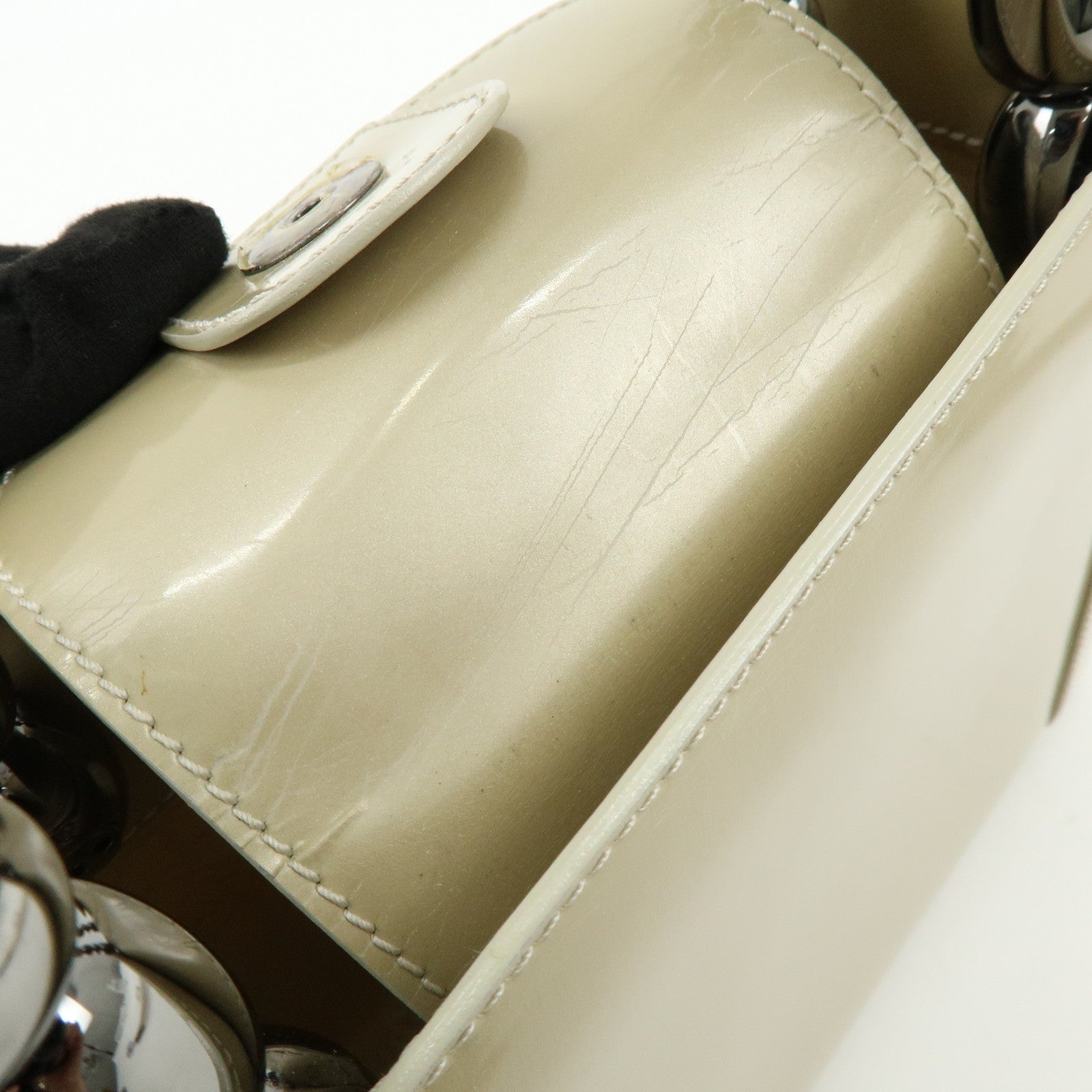 Christian Dior Maris Pearl Patent Leather Hand Bag Ivory