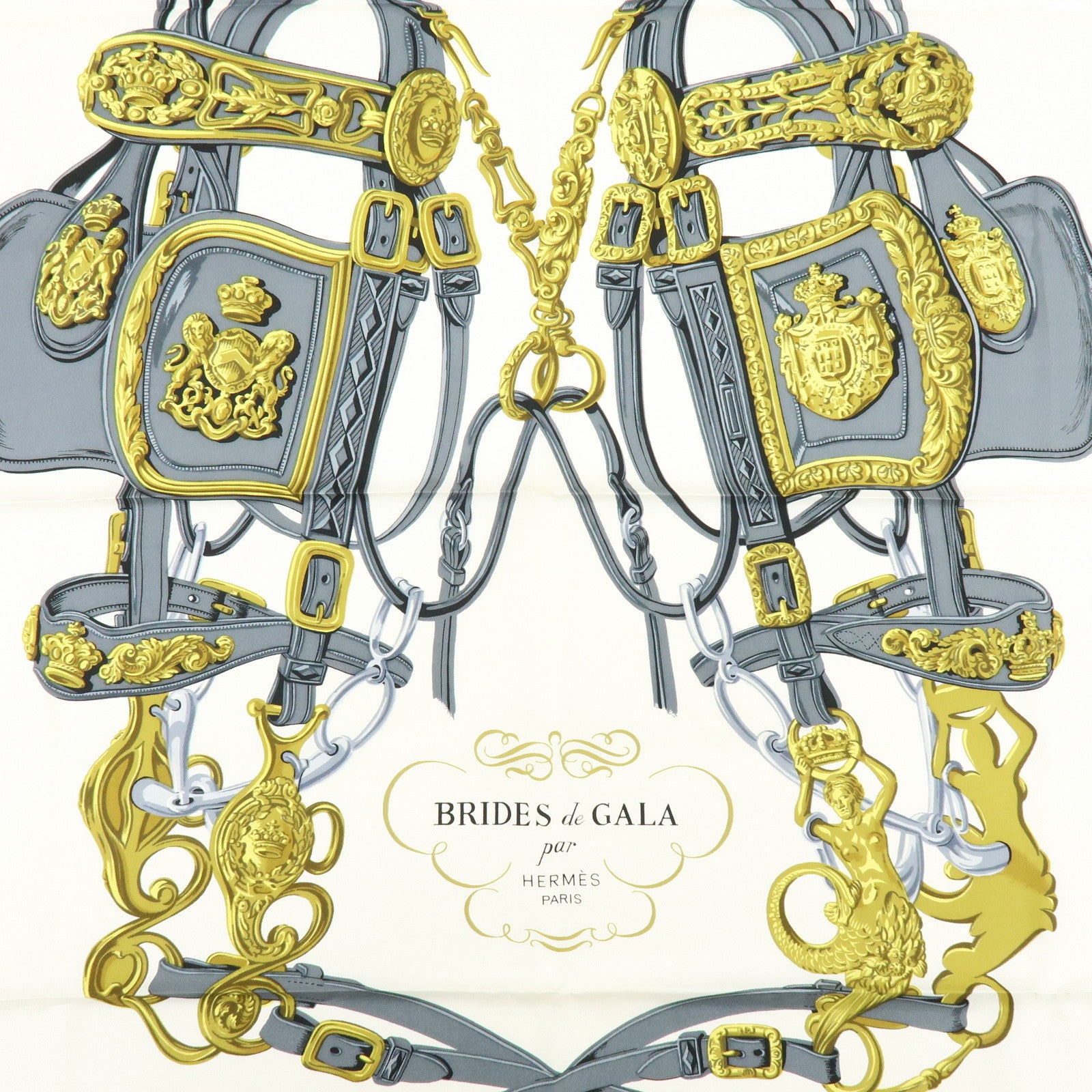 HERMES Carre 90 Silk 100% BRIDES DE GALA Scarf Red Gold