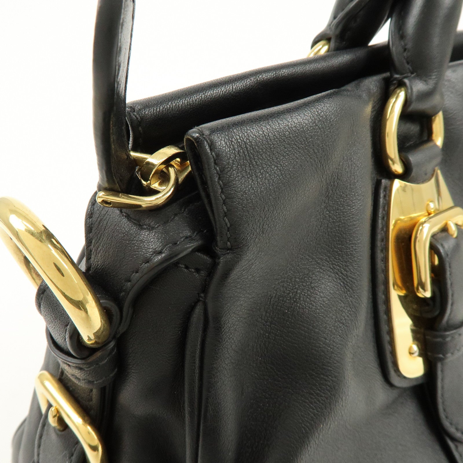 PRADA Logo Leather 2Way Bag Hand Bag Shoulder Bag Black Gold BN1903