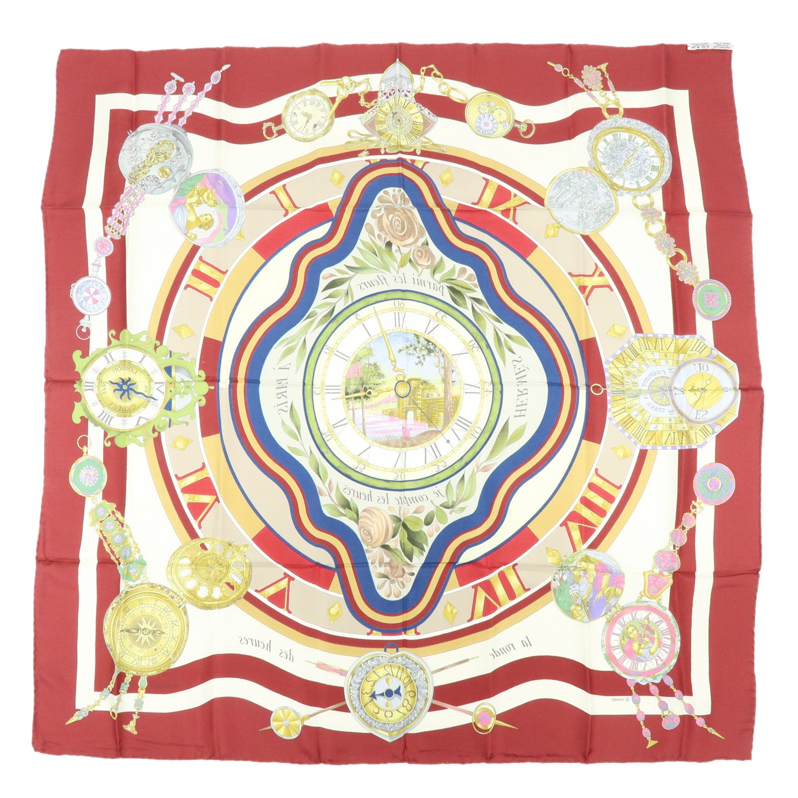 HERMES Carre 90 Silk 100% Scarf la ronde des heures Bordeaux White