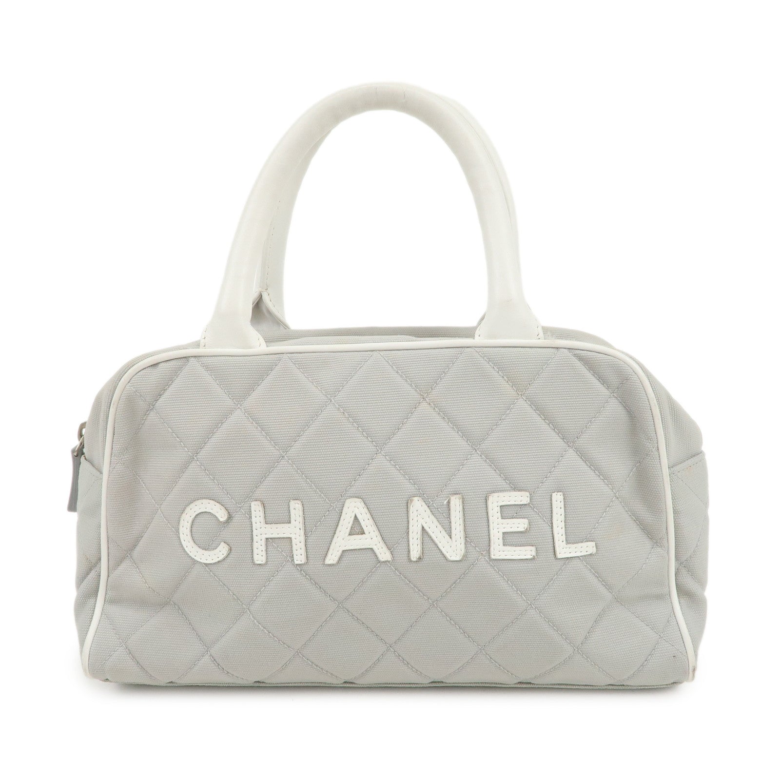 CHANEL Sport Line Canvas Leather Boston Bag Hand Bag Gray White