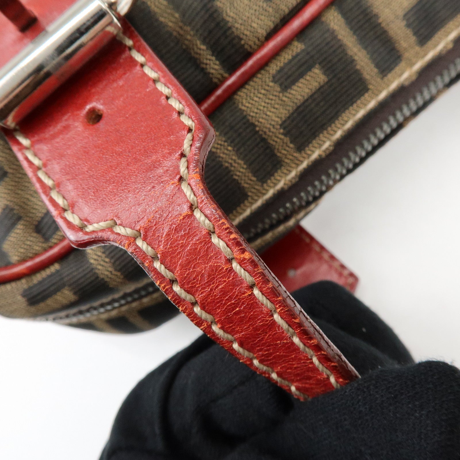 FENDI Zucca Canvas Leather Mini Boston Hand Bag Brown Red 8BR119