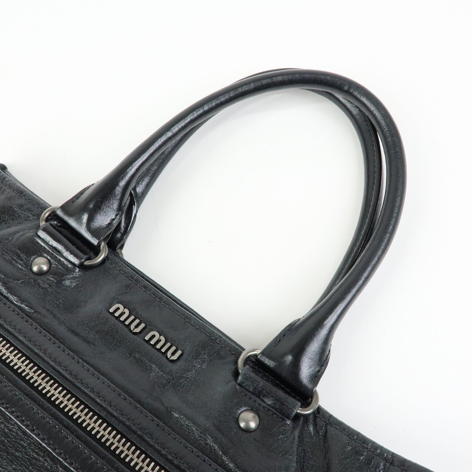 MIU MIU Leather Tote Bag Shoulder Bag Black Padlock Charm