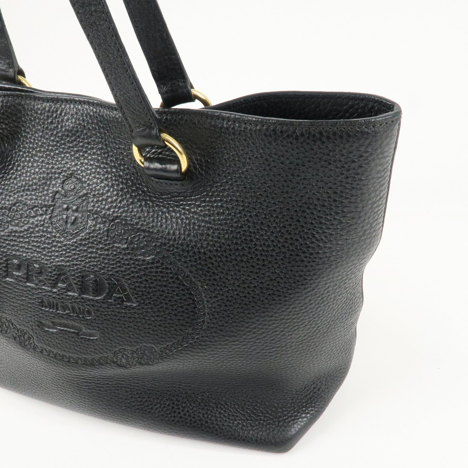 PRADA Logo Leather Tote Bag Shoulder Bag Black 1BG100 Used