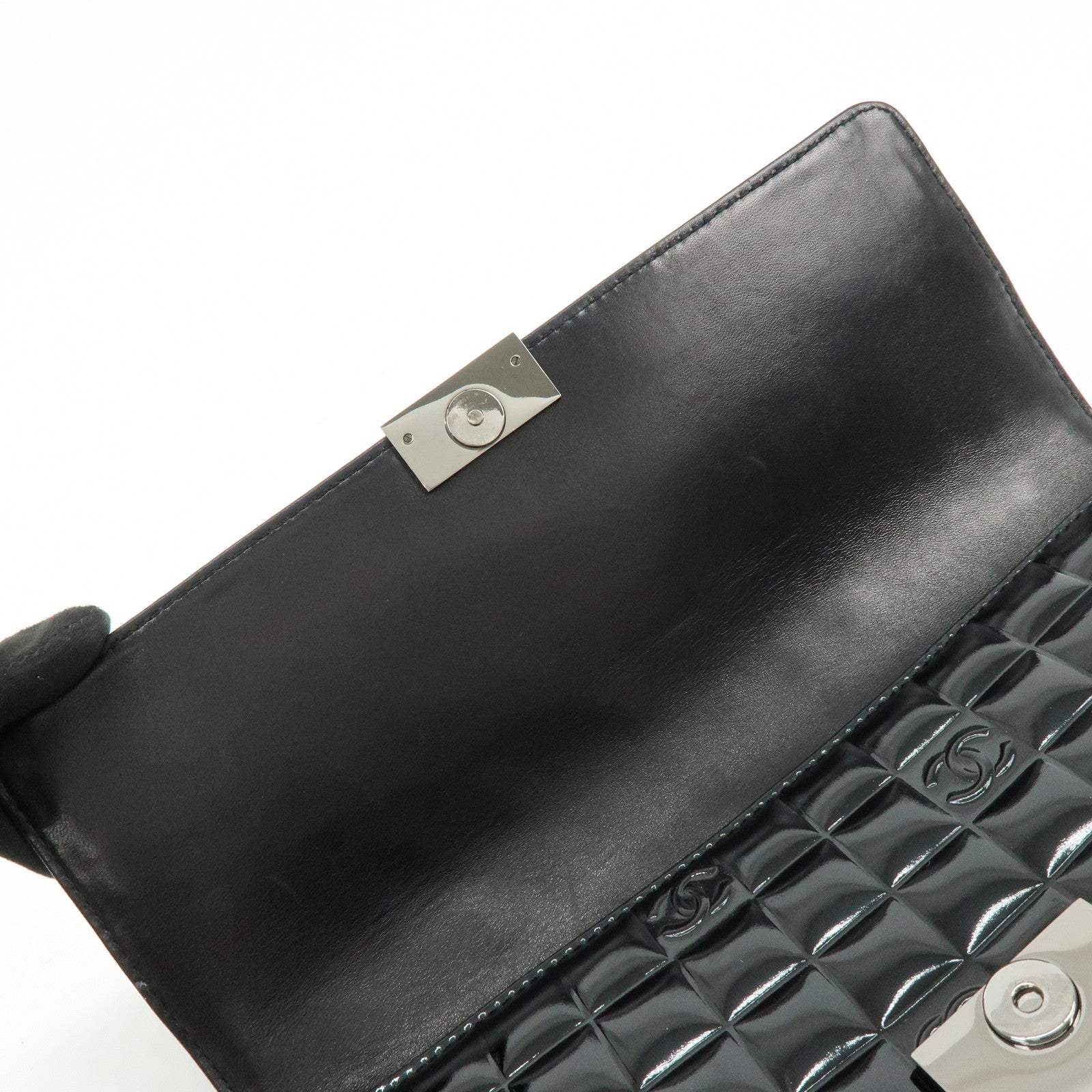CHANEL Chocolate Bar COCO Mark Patent Leather Hand Bag Black