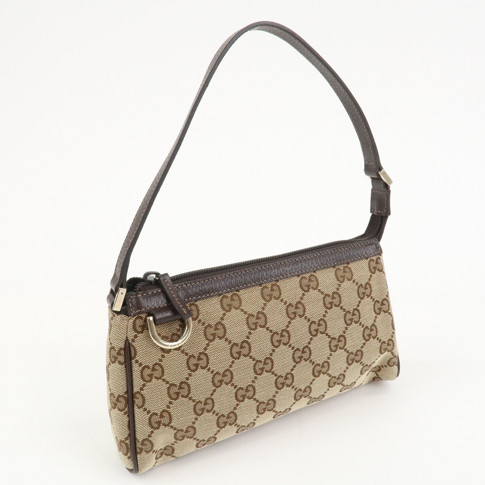 GUCCI GG Canvas Leather Accessory Pouch Hand Bag Brown 145750