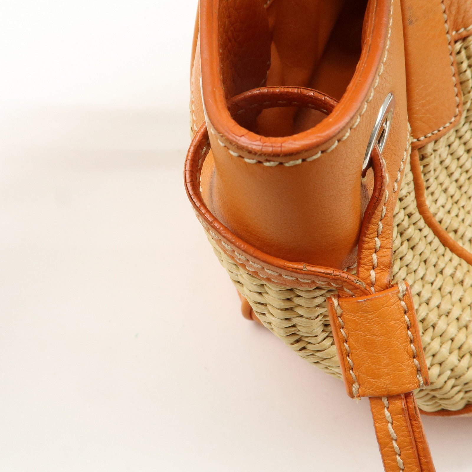 PRADA Triangle Logo Raffia Leather Shoulder Bag Beige Orange
