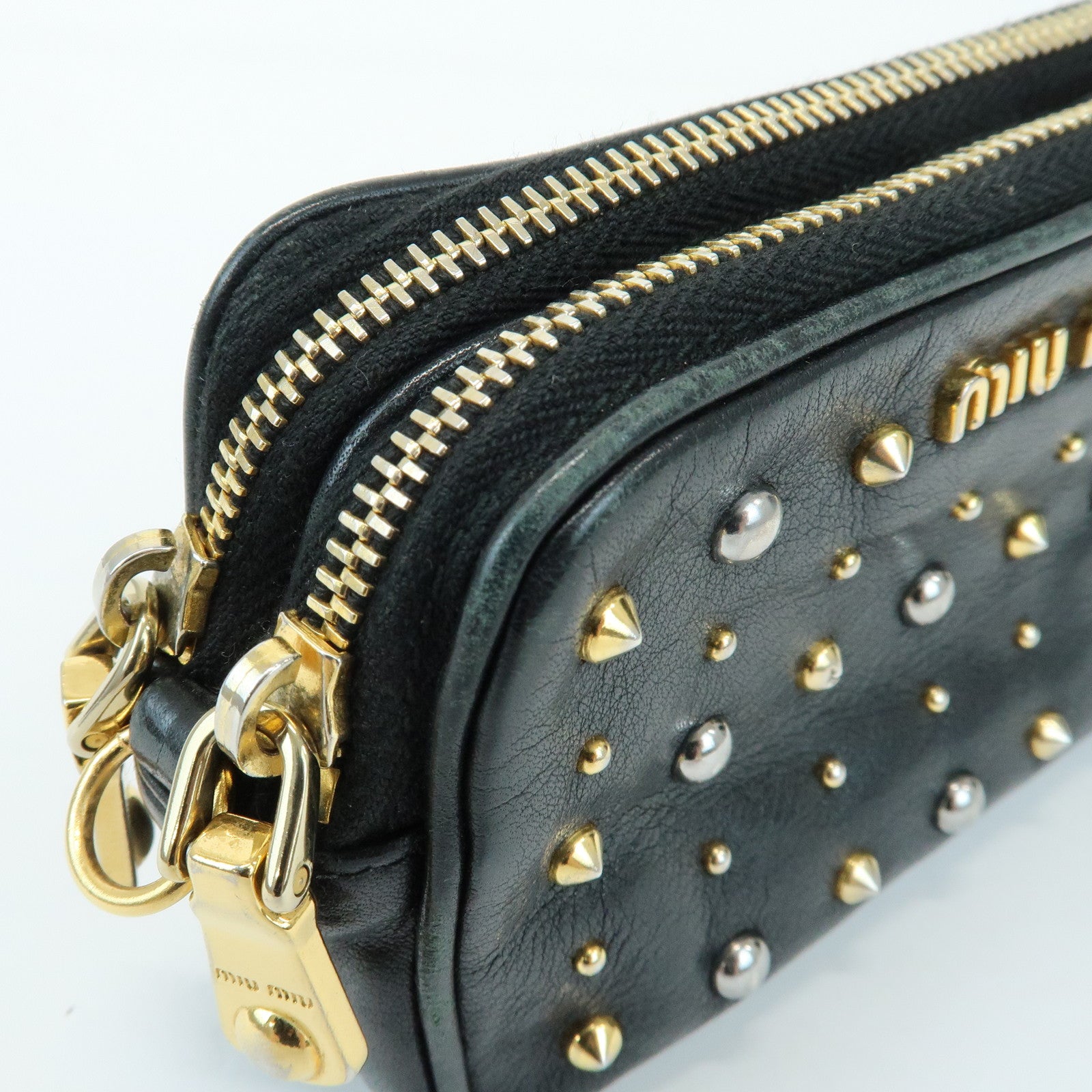 MIU MIU Lamb Skin Studs Cosmetic Pouch Accessoires Pouch Black