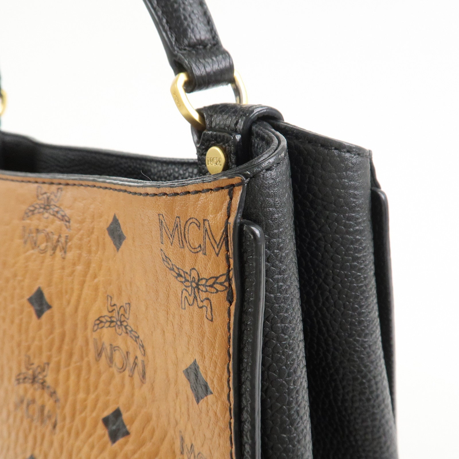 MCM Leather 2Way Bag Hand Bag Shoulder Bag Camel Black