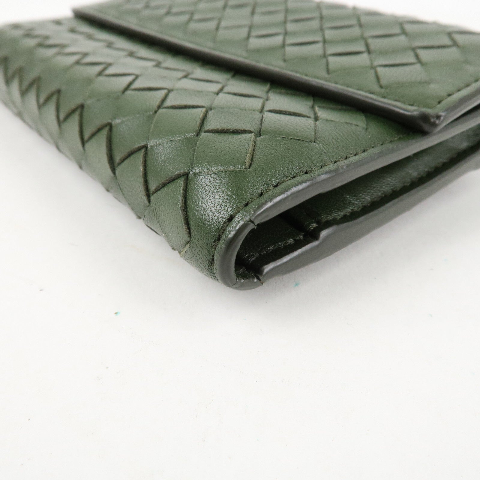 BOTTEGA VENETA Intrecciato Leather Tri-fold Wallet Dark Green Used