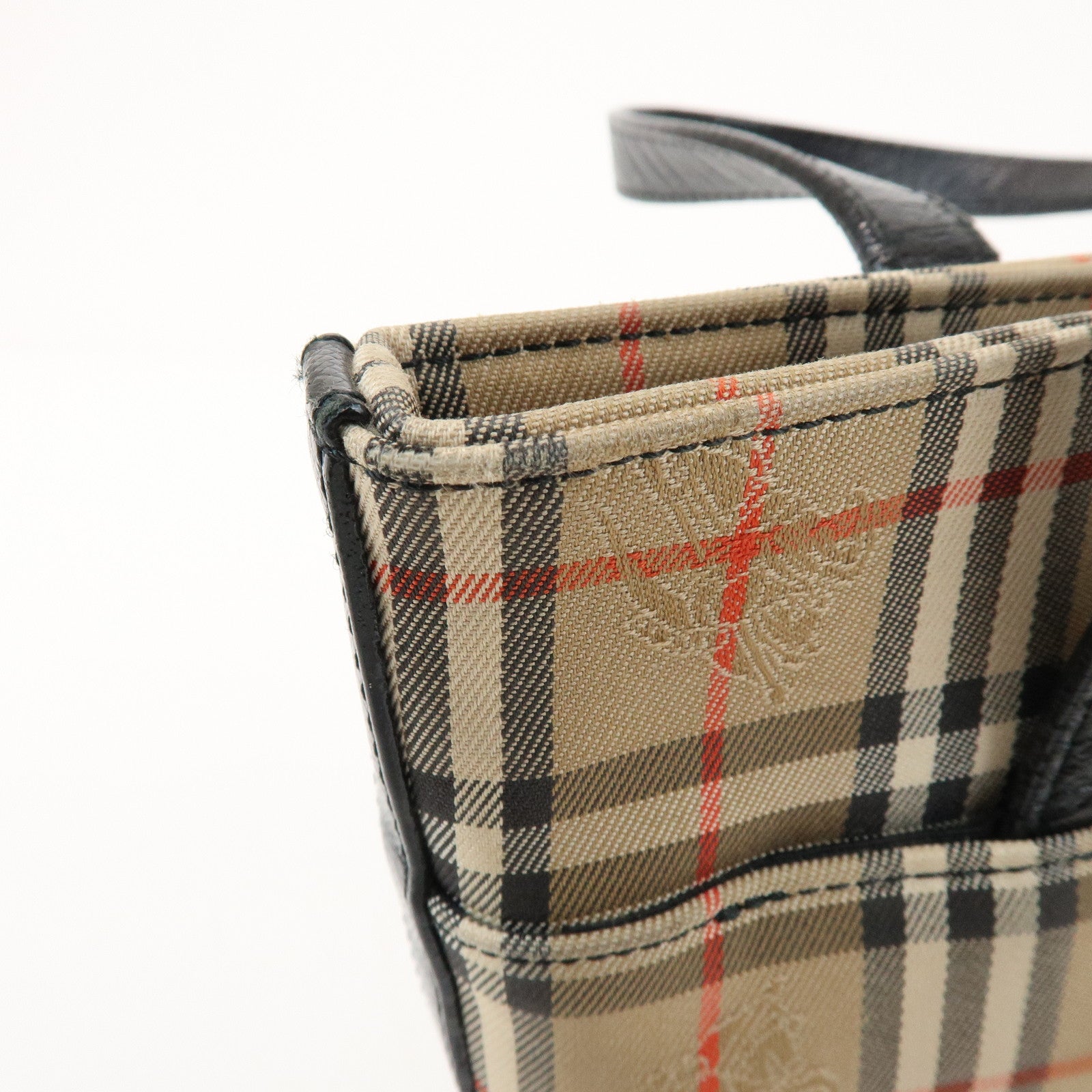 BURBERRY Nova Plaid Canvas Leather Small Hand Bag Black Beige