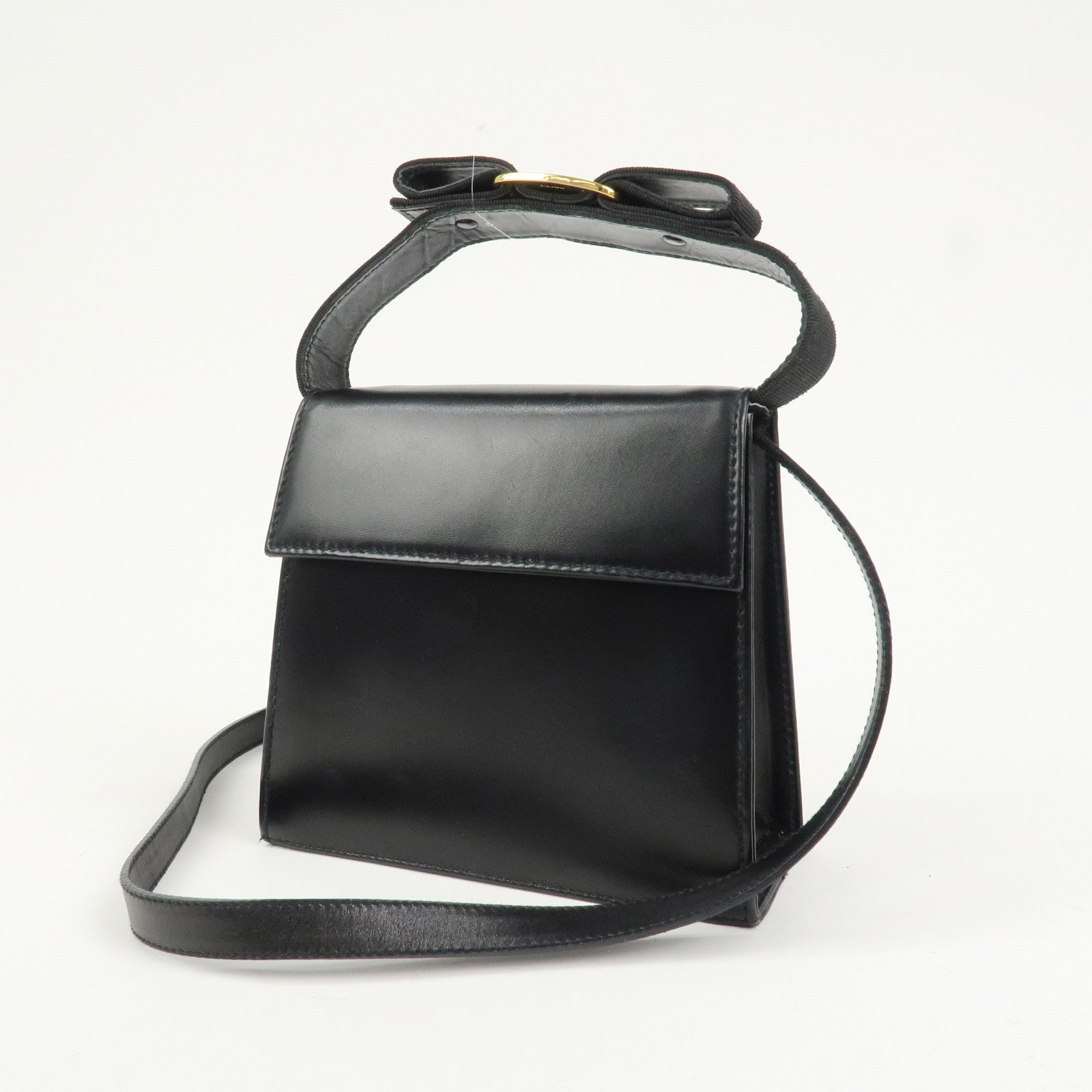 Ferragamo Varra Ribbon Leather 2Way Bag Shoulder Bag Hand Bag Black