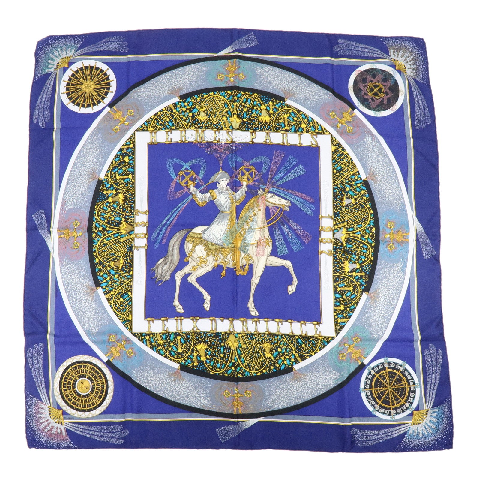 HERMES Carre 90 Silk 100% Scarf FEUX D’ARTIFICE Blue