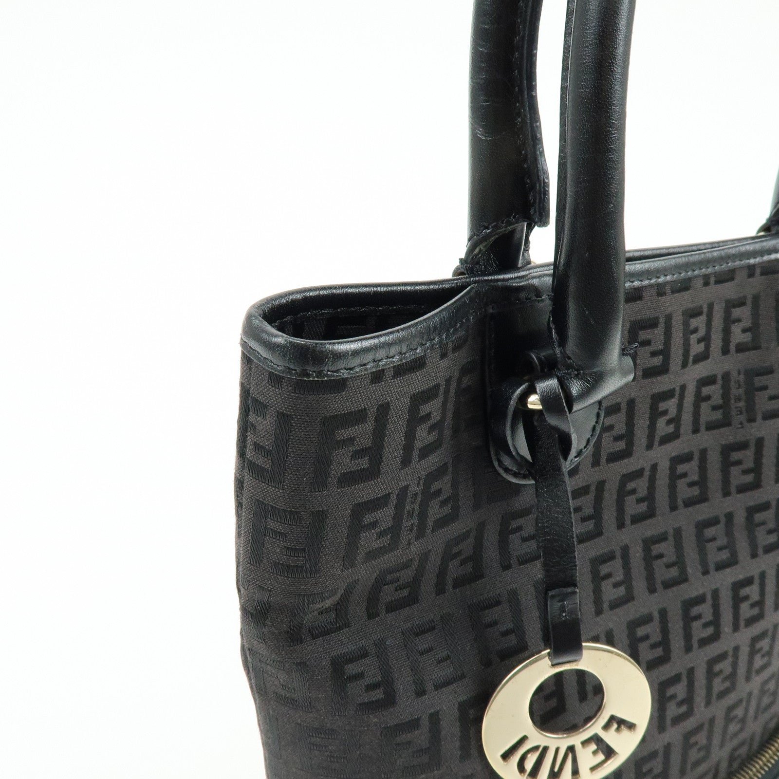 Fendi Zucchino Canvas Leather Hand Bag Tote Bag Black Brown 8BH139