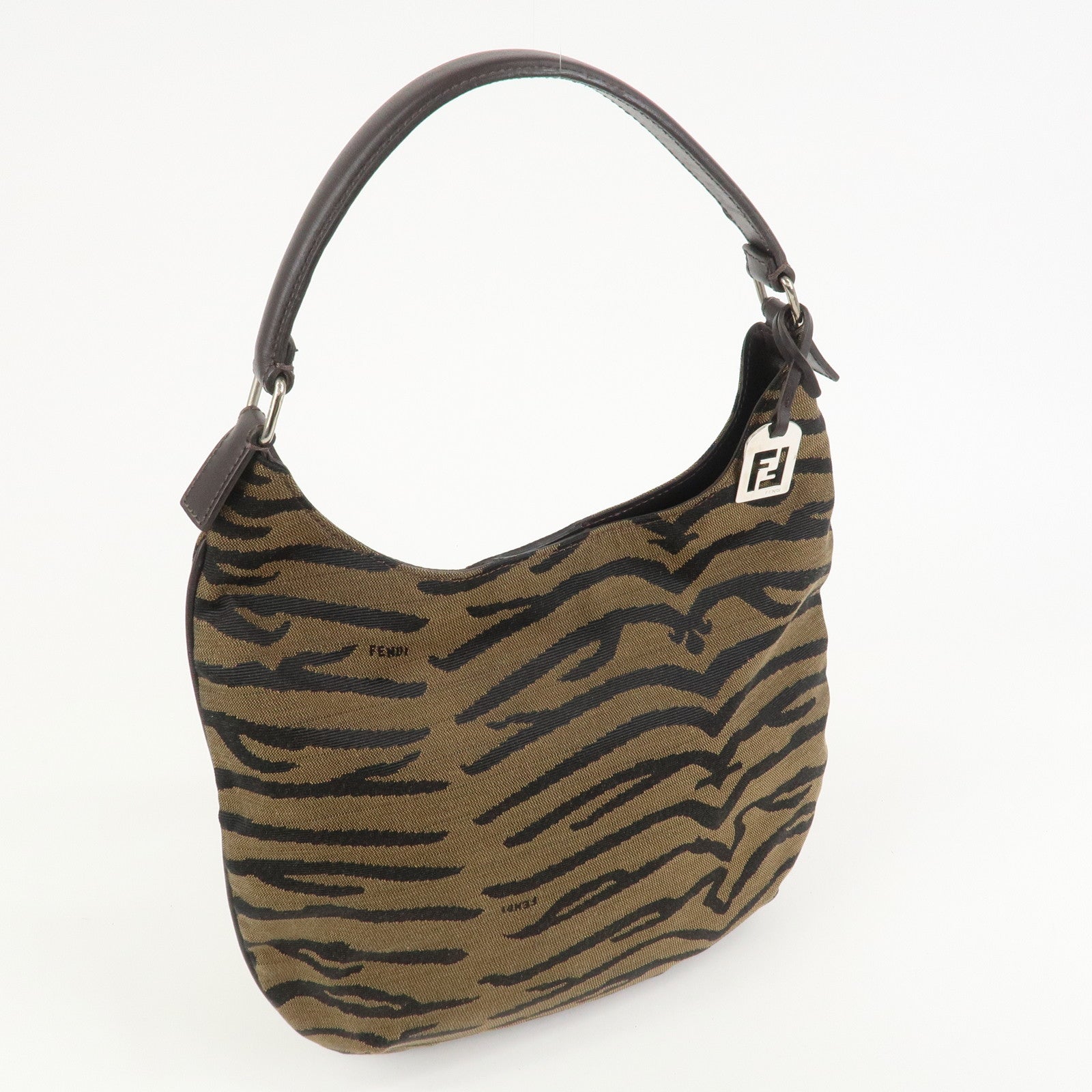 FENDI Canvas Leather Shoulder Bag Hand Bag Zebra Motif 8BR279