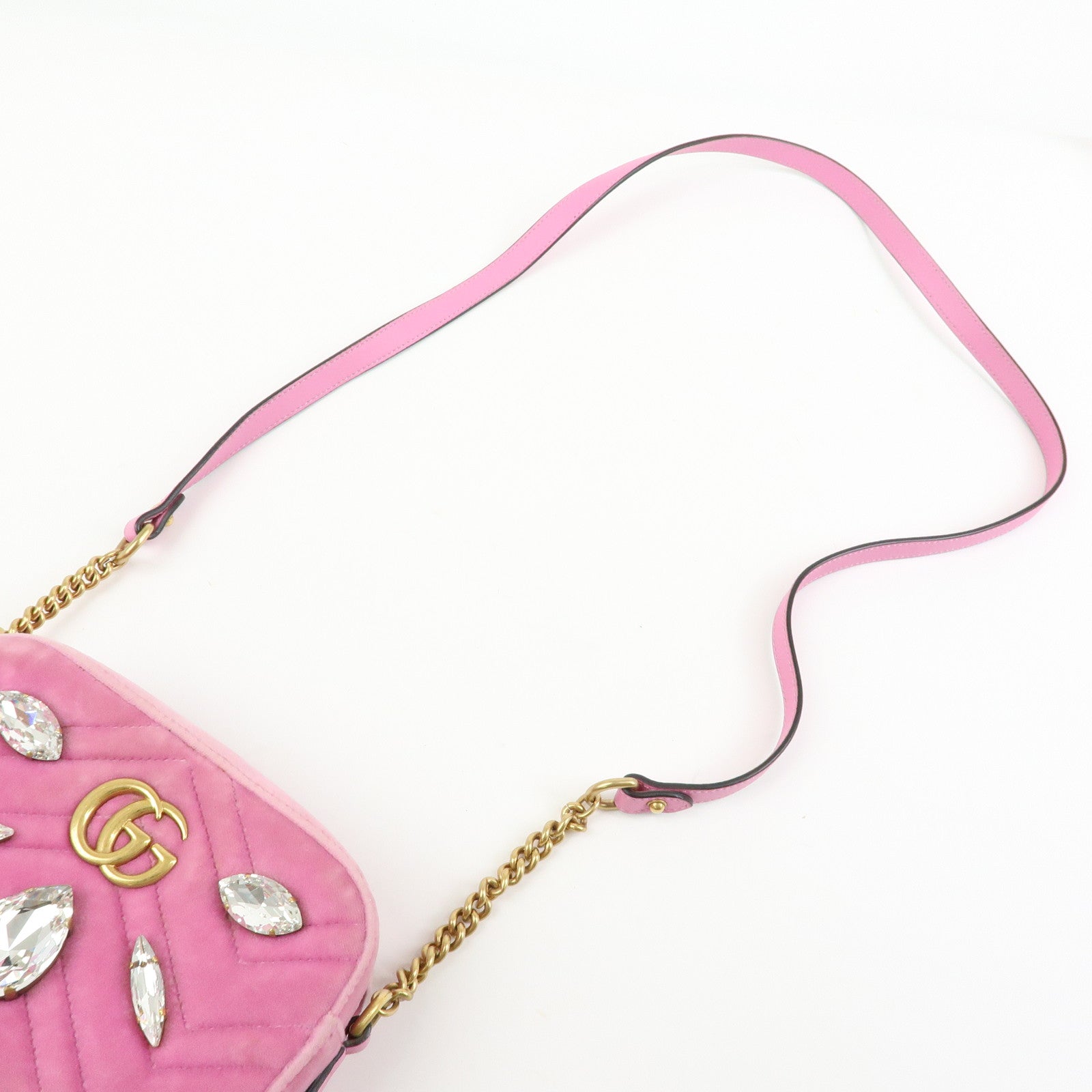 GUCCI GG Marmont Velvet Leather Rhinestone Shoulder Bag Pink 448065