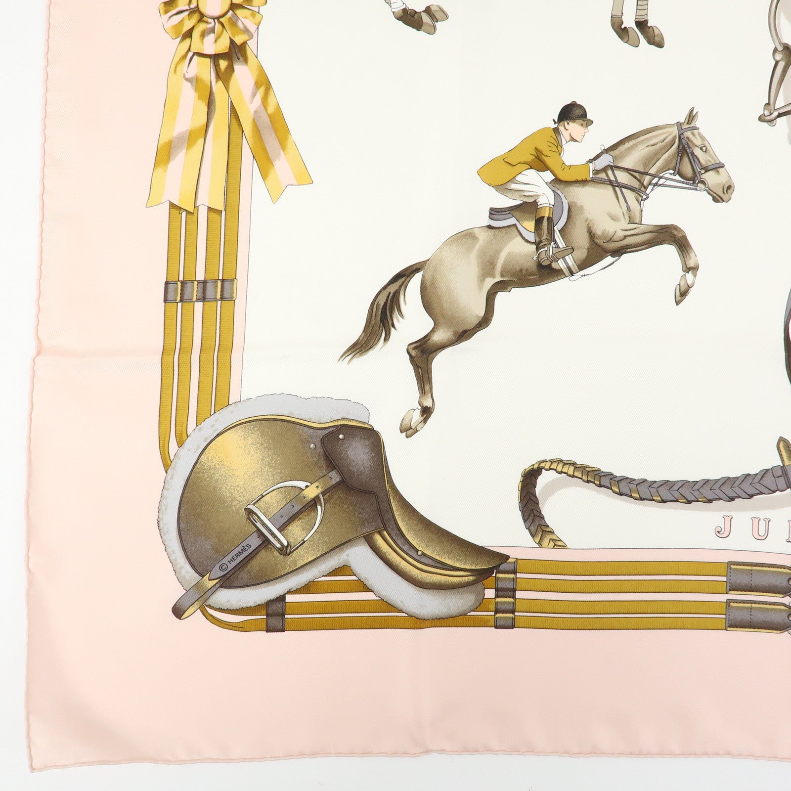 HERMES Carre 90 Silk 100% Scarf JUMPING Equestrianism Pink Brown