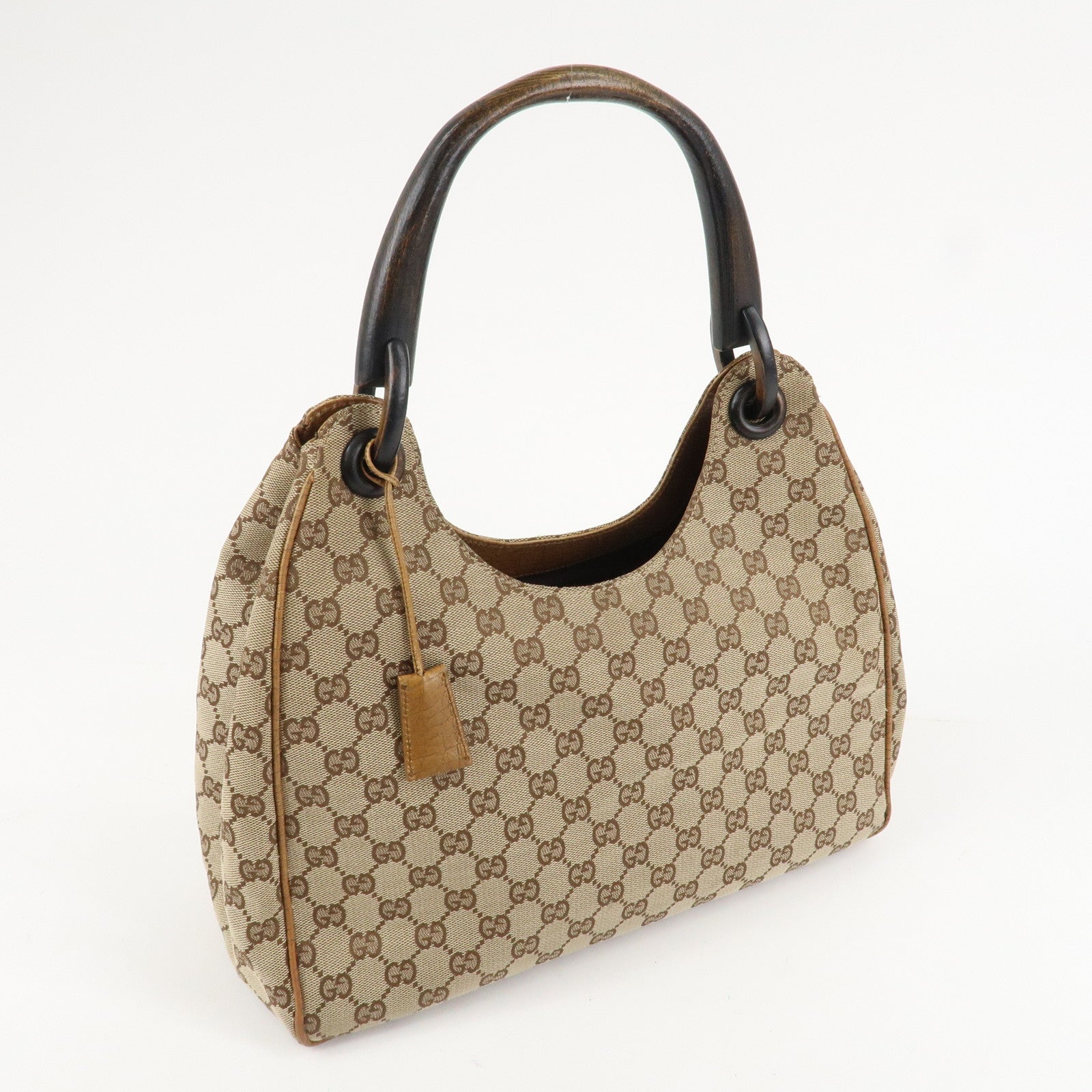 GUCCI GG Canvas Wood Handle Shoulder Bag Hand Bag Beige 106494 Used