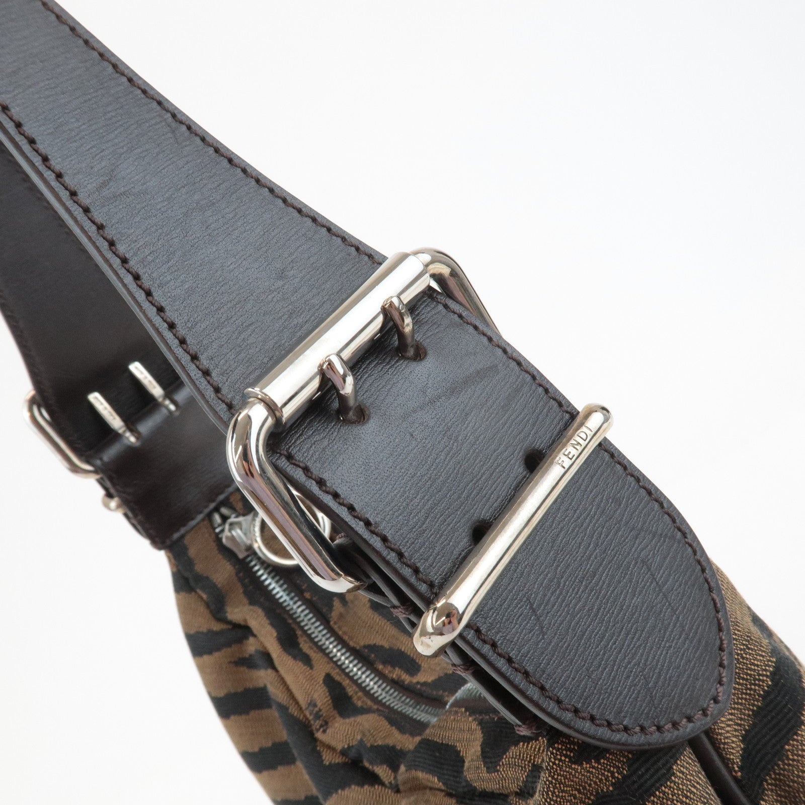 FENDI Zebra Leather Canvas Shoulder Bag Hand Bag Black Brown Used