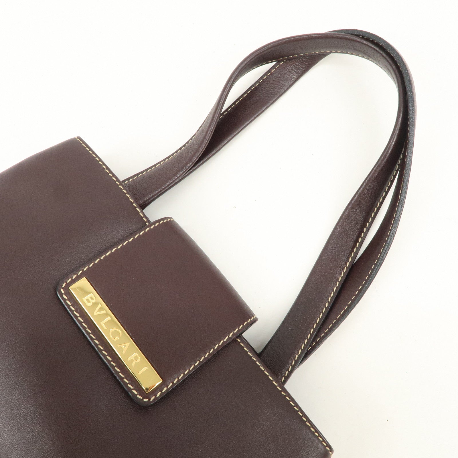 BVLGARI  Leather Tote Bag Hand Bag Dark Brown Gold HDW Used