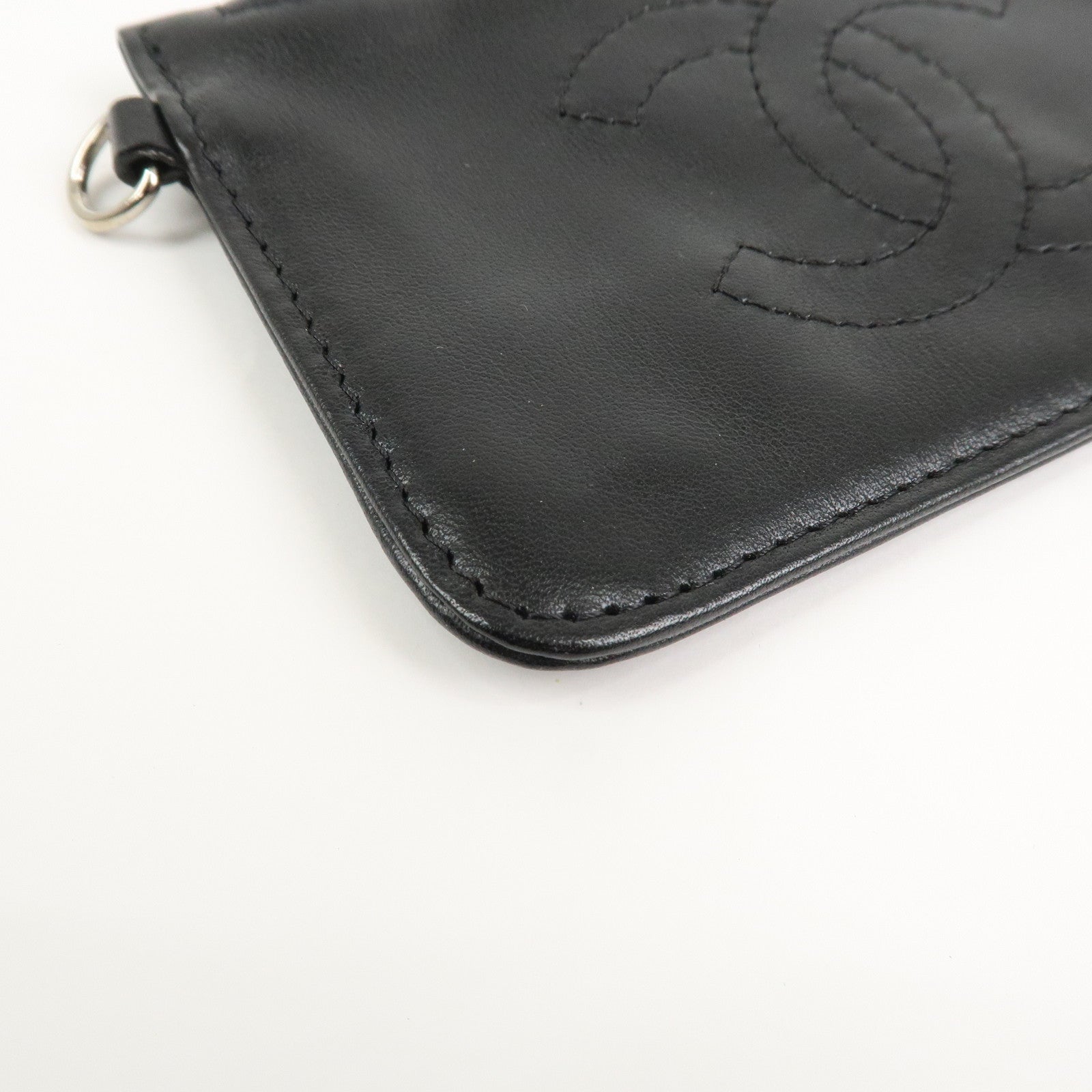 CHANEL COCO Mark Lamb Skin Coin Case Black Silver A25183